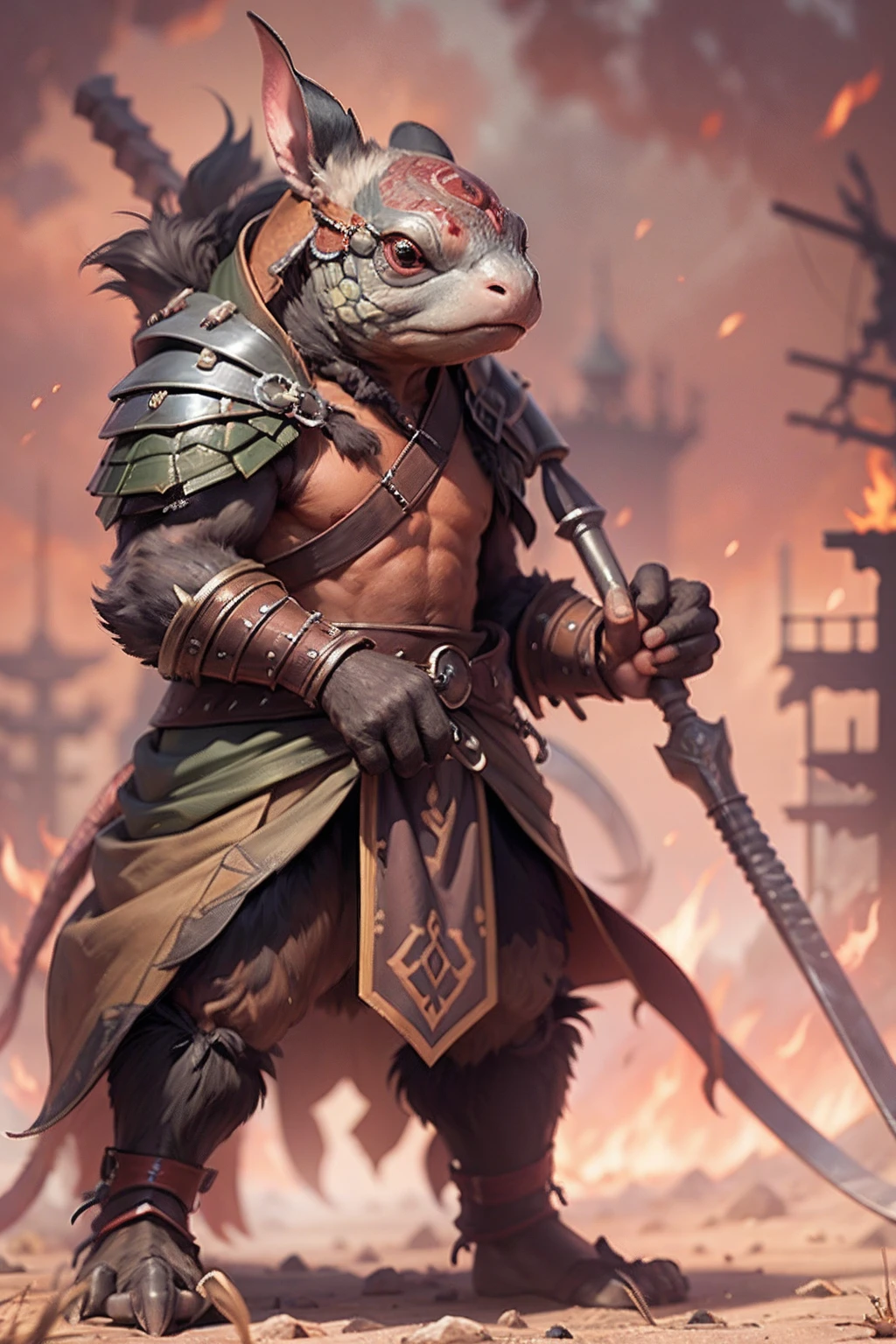 (anthropomorphic turtle),(Rat warriors:1.4),coda,a tall body,Stout limbs,disdain,ran,tosen,The long hairs of the flame fluttered in the wind,combats,Dynamic lines,Dimly lit battlefield,Ruined castle,(stereoscopic perspective:1.4),Works of masters,super-fine,4K分辨率,high qulity,电影灯光,High picture detail,Detailed pubic hair,Epic shooting,Clearly focused hair,Detailed hair depiction,acurate