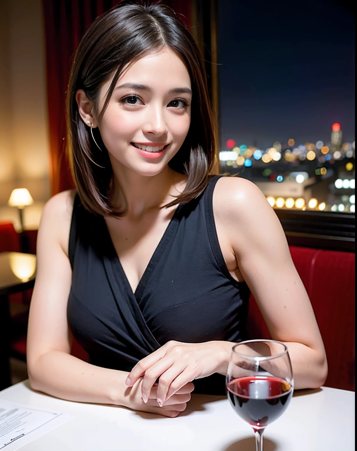 (64K, UHD, top quality, masterpiece: 1.2), (realistic, photorealistic: 1.37), super detailed, pretty woman 1 person, (slim face), (slim body), (brown hair), (short cut), cheeks slightly blushing, (44 years old), 38 years old, solo, beautiful detailed urban night view outside the window, restaurant, wine glasses sit, at night, in a prominent placeNovaFrogStyle, Actress, Model, Waist Up, White Wine, Slim, Wine Glass, Super Clean Night View, Wine Glass Put in the Middle, Happy Smile, (Smile: 1.15), Beautiful Fine Eyes, Upper Body, Bust Japan Up, Night, Short, Short, Actress, Model, Waist Up, White Wine, Slim, Wine Glass, Super Clean Night View, Wine Glass Put in the Middle, Happy Smile,
