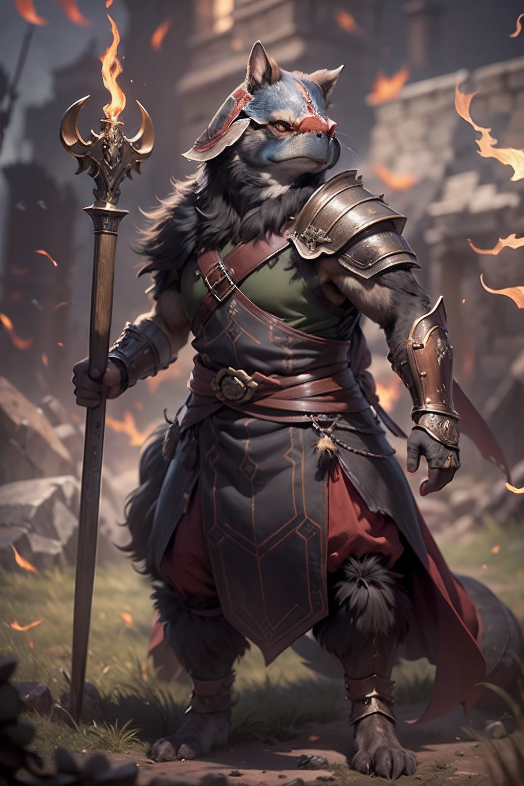 (anthropomorphic turtle),(Hound warrior:1.4),coda,a tall body,Stout limbs,disdain,ran,tosen,The long hairs of the flame fluttered in the wind,combats,Dynamic lines,Dimly lit battlefield,Ruined castle,(stereoscopic perspective:1.4),Works of masters,super-fine,4K分辨率,high qulity,电影灯光,High picture detail,Detailed pubic hair,Epic shooting,Clearly focused hair,Detailed hair depiction,acurate