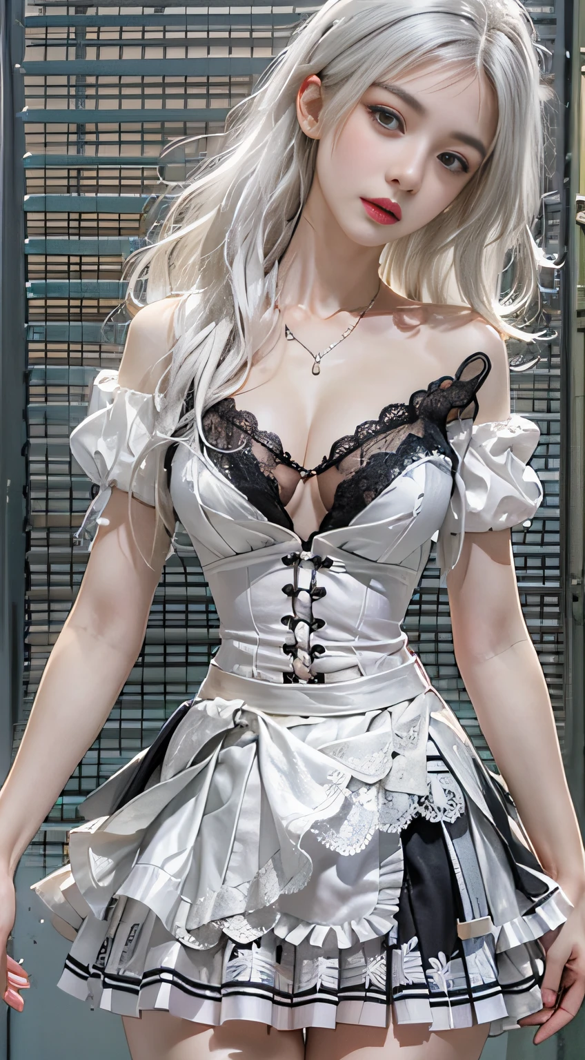 Photorealistic, High resolution, 1womanl, Solo, hips up high, view the viewer, (Detailed face), White hair, Long hair, maid clothes, Jewelry、）（off shoulders）、（((Raise the skirt to the chest))）、）（up skirt）（（Black lace panties visible））