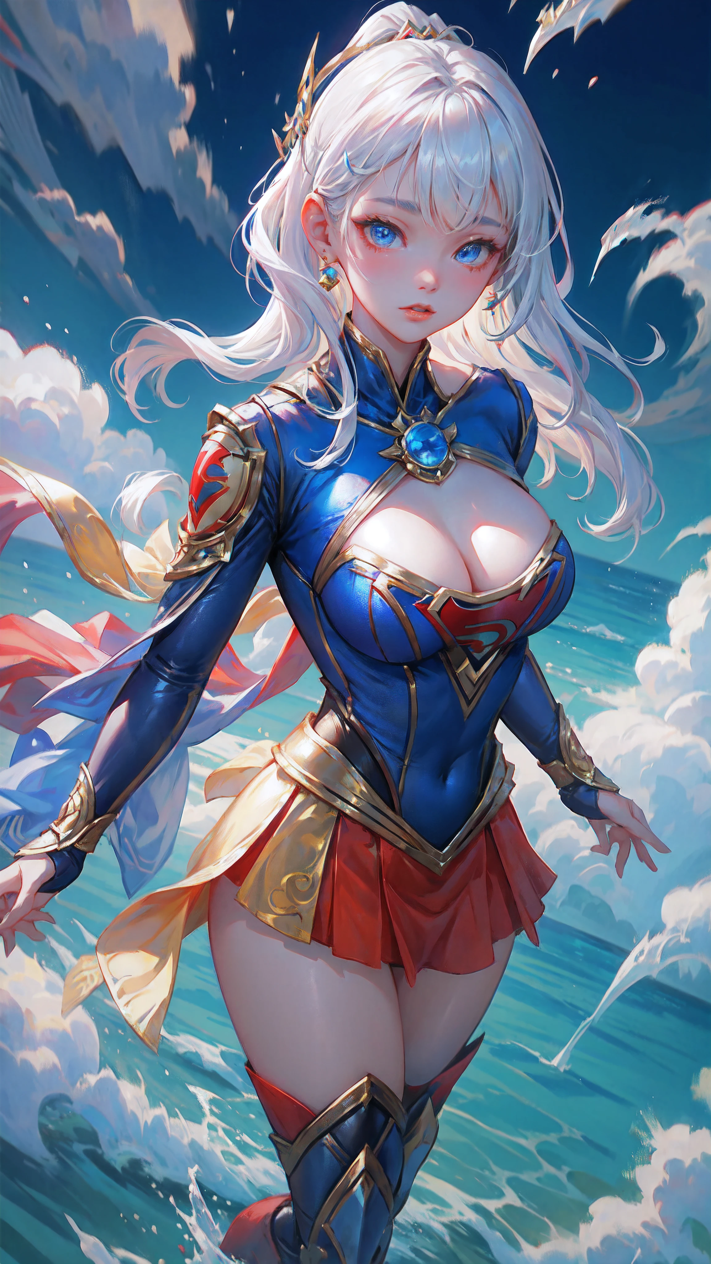 Game character, East Asian original art character design, 1girll, Solo,[:(Gradient background:1.5):40],full bodyesbian, Big breasts, Supergirl costume dress