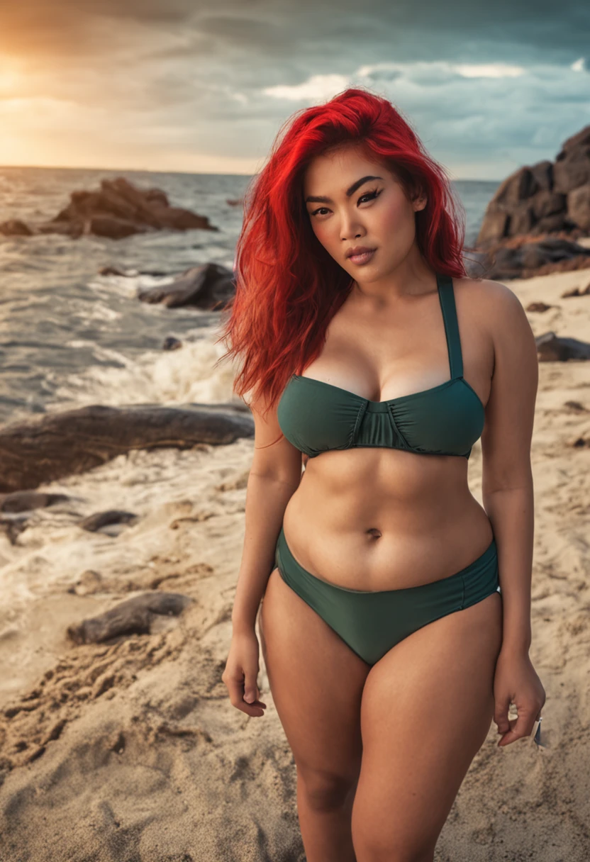 asian curvy woman with red hair in micro bikini top and cargo pants