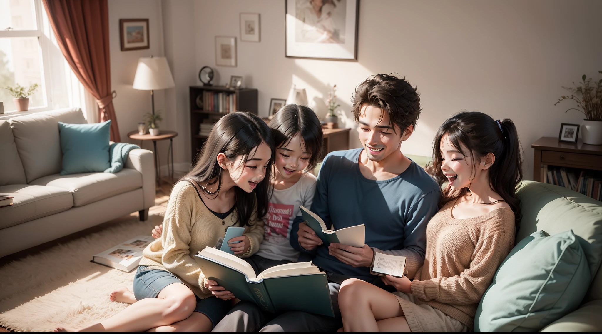A family of three reading a book in the spacious and bright living room,Laughing