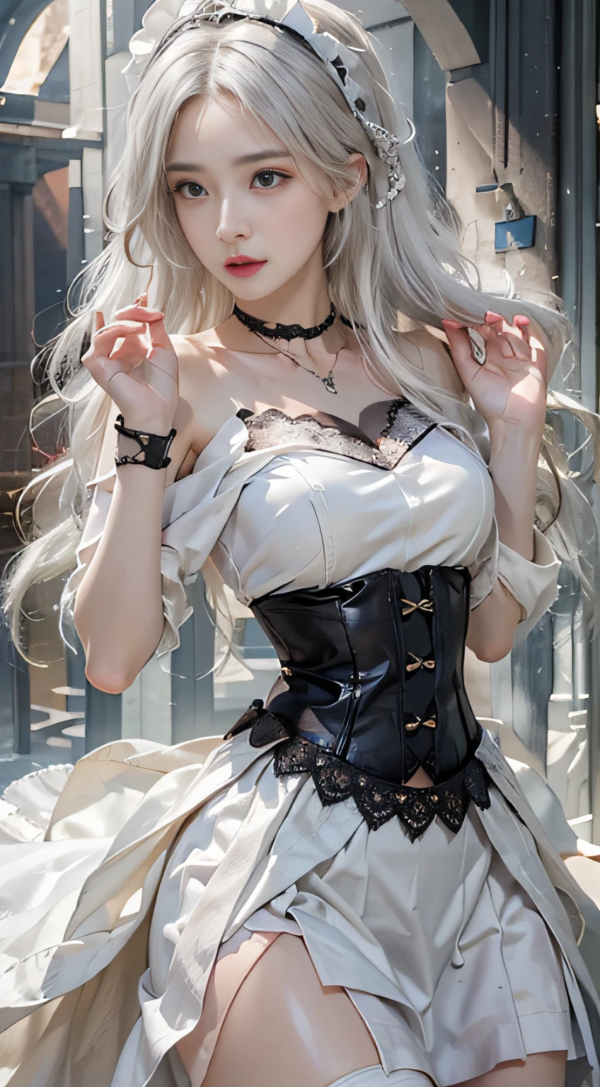 photorealistic, high resolution, soft light,1women, solo, hips up, shining skin, (detailed face), strapless leotard, pantyhose, rabbit ears, folded ponytail, white hair, necktie, wrist cuffs (wearing a satin corset and thigh highs), jewelry, tattoo