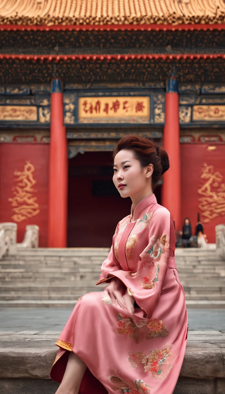 A Chinese woman with soft pink curly hair，Wear a gorgeous traditional cheongsam，Stand confidently at the Forbidden City in Beijing。Her gaze was firm，Behind it are magnificent red walls and yellow tiles，It shows the charm of ancient Chinese traditional culture