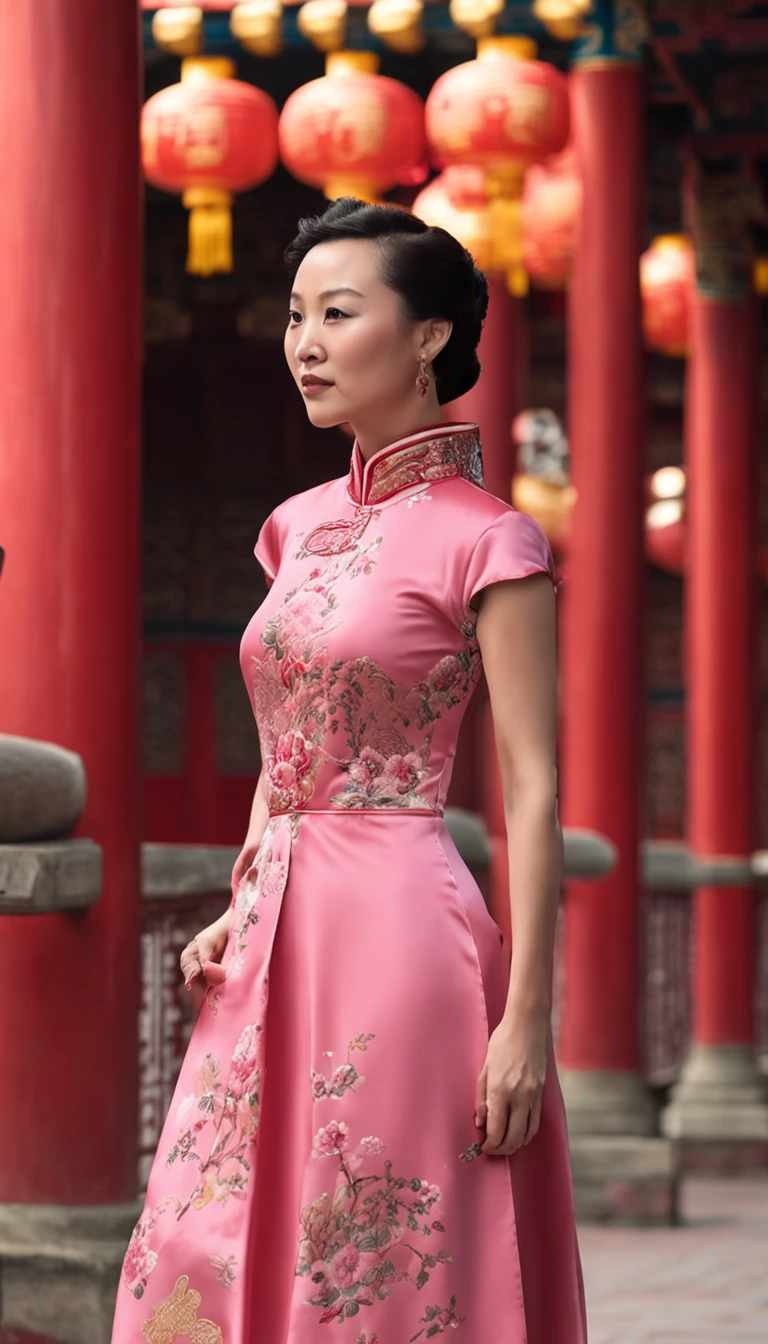 A Chinese woman with soft pink curly hair,Wear a gorgeous traditional cheongsam,Stand confidently at the Forbidden City in Beijing。Her gaze was firm,Behind it are magnificent red walls and yellow tiles,It shows the charm of ancient Chinese traditional culture