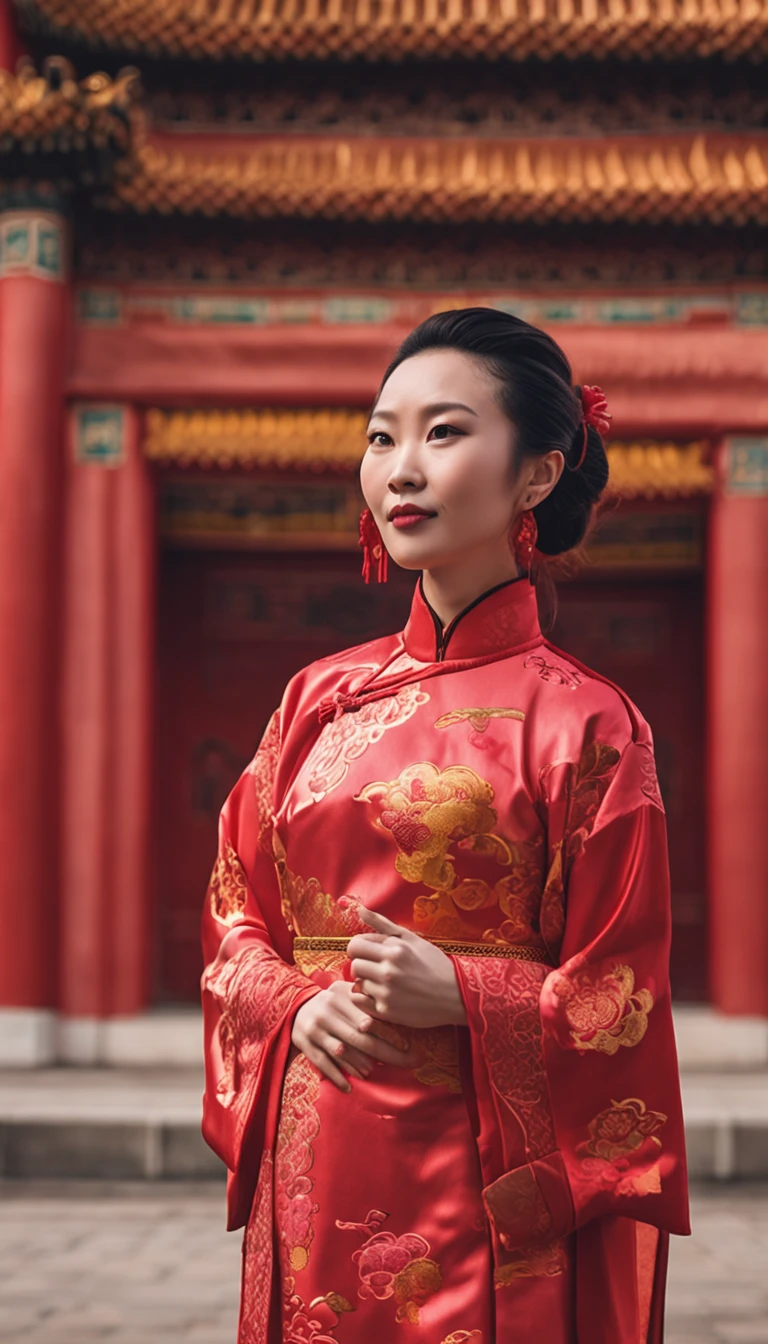 A Chinese woman with soft pink curly hair,Wear a gorgeous traditional cheongsam,Stand confidently at the Forbidden City in Beijing。Her gaze was firm,Behind it are magnificent red walls and yellow tiles,It shows the charm of ancient Chinese traditional culture