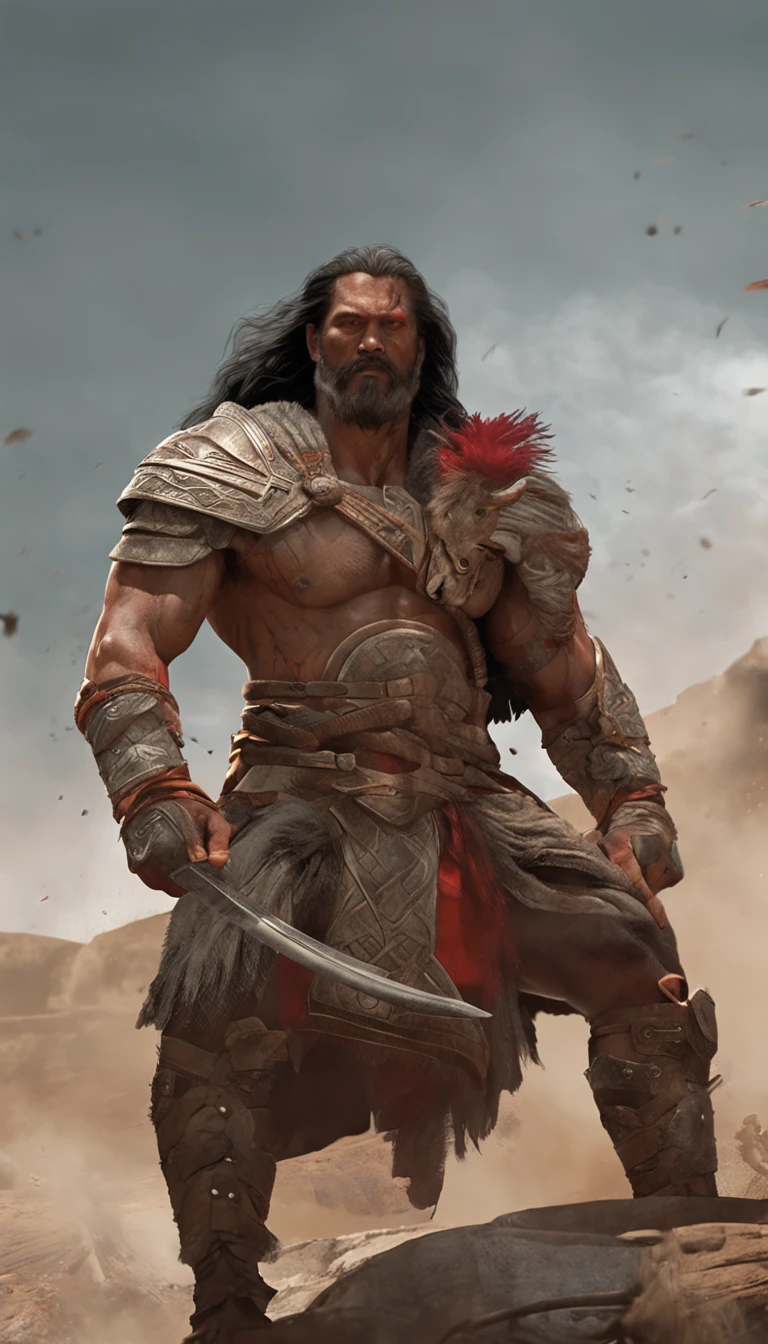 Filipino ancient epic hero, muscular long haired with tattoo Philippine God of War, modelshoot style, (extremely detailed CG 8k wallpaper), body photo of the most beautiful artwork in the world, medieval armor, body portrait, Nimrod the first king of Babylon, hunter, barbarian, macho man, majestic professional oil painting by Ed Blinkey, Atey Ghailan, Studio Ghibli, by Jeremy Mann, Greg Manchess, Antonio Moro, trend at ArtStation, trend at CGSociety, Intricate, High Detail, Sharp Focus, Dramatic and Photorealistic Painting Art by Midjourney and Greg Rutkowski