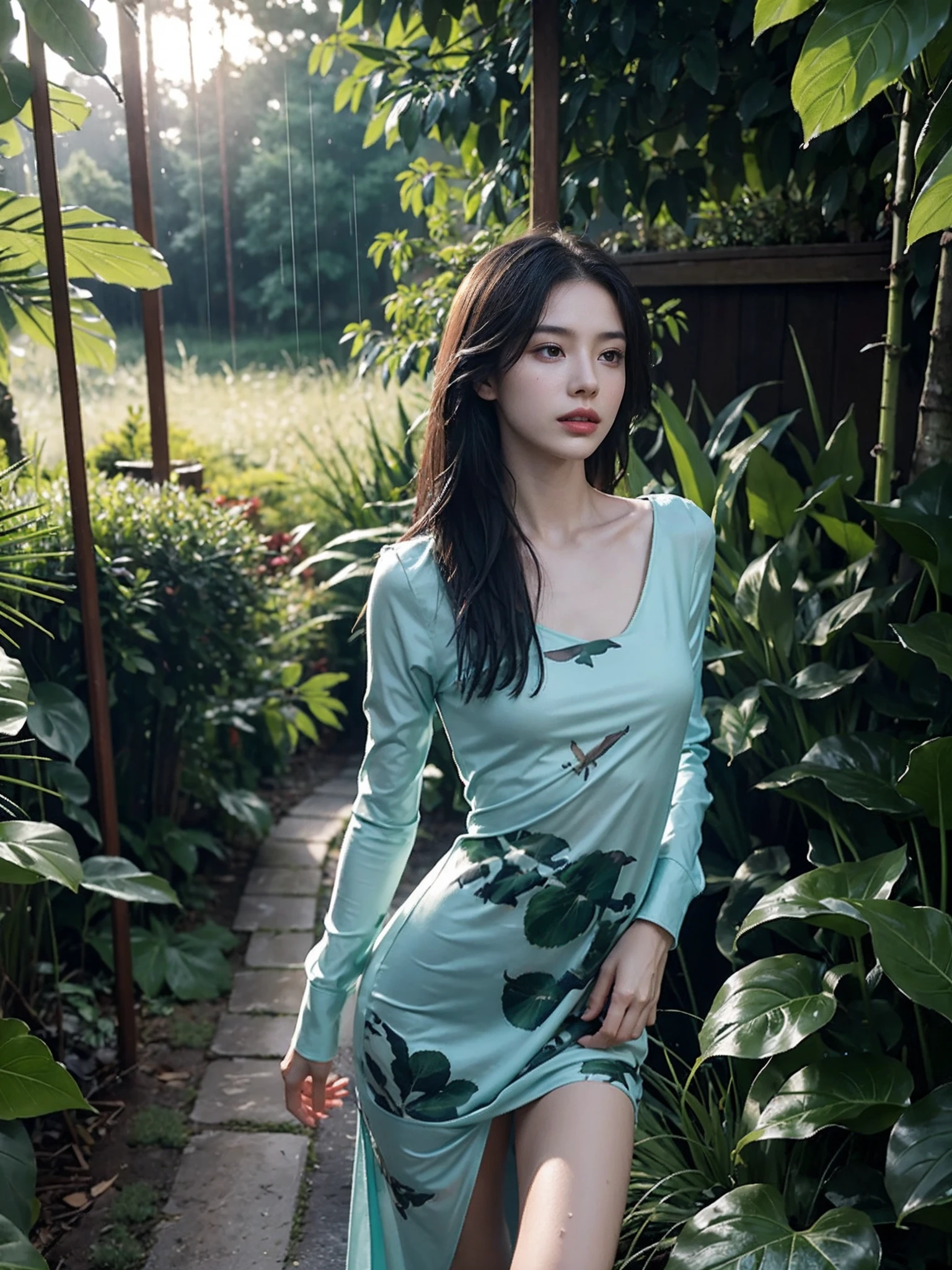 ((smallunderboob,Tomboyish,small heads)), (Well-defined abs: 1.1), (perfect bodies: 1.1), (short-length straighthair: 1.2), Black hair, upper body photos, attractive collarbone，nabel，（极其细致的CG 8k壁纸），（Extremely refined and beautiful），（tmasterpiece），（best qualtiy：1.0），（超高分辨率：1.0），beautiful light up，Perfect lightning，realistic shaded，[A high resolution]，Smooth and flawless fair skin，ultra - detailed ，Elongated legs，flatchest，Slim，emaciated，In the woods of a residential area，building，trpical garden，bushes，grassy fields，Dawn hour，overcast day，Rainy days，with intense rain，Woodland camouflage long nightdress，are standing，Wet hair，Get wet all over your body，Water droplets all over the body