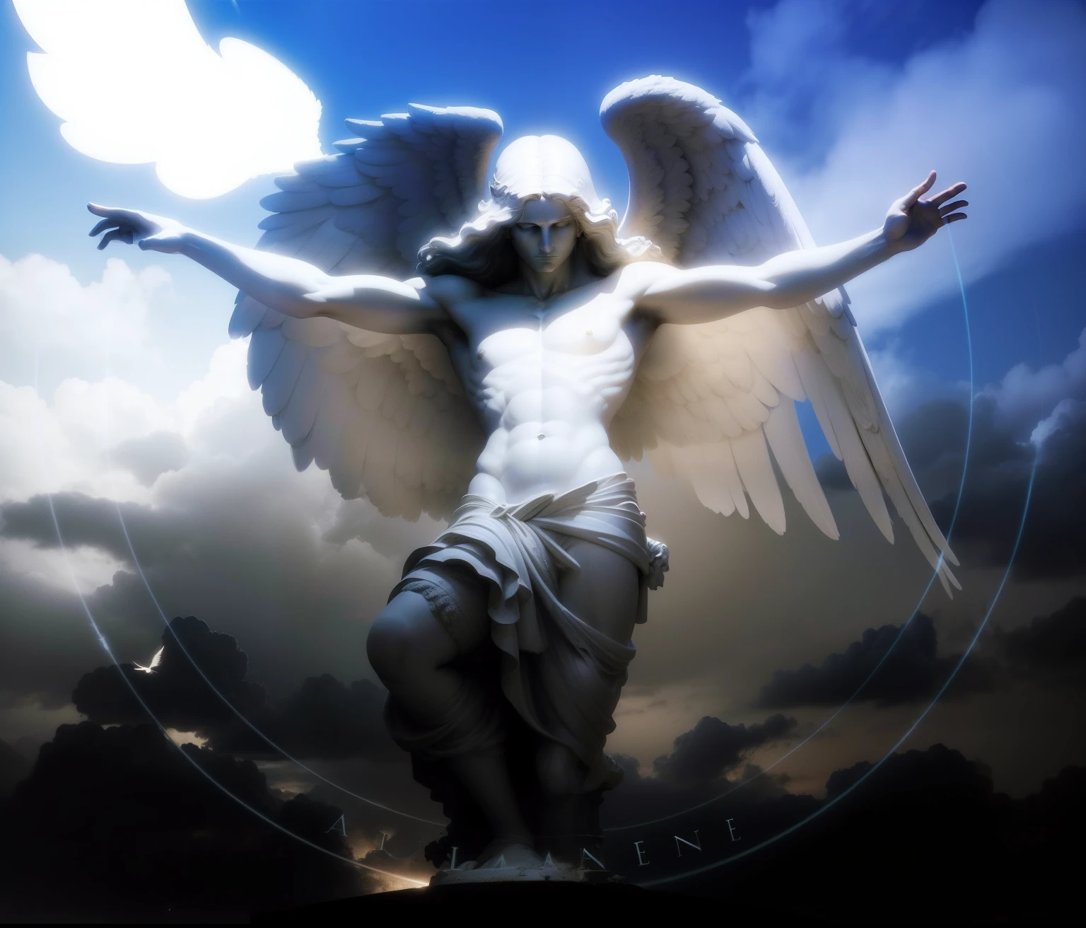 There is a statue of an angel with wings on a pedestal, Mito grego pintura digital, inspirado em David LaChapelle, biblical accurate angel, the angel of death with a halo, Anjo largo disparado de baixo, angelic, anjo, anjo super largo, anjo protegendo o homem, anjo largo, tiro de anjo largo, render divino, Winged Victory!!!, angelic, alado, anjo homem