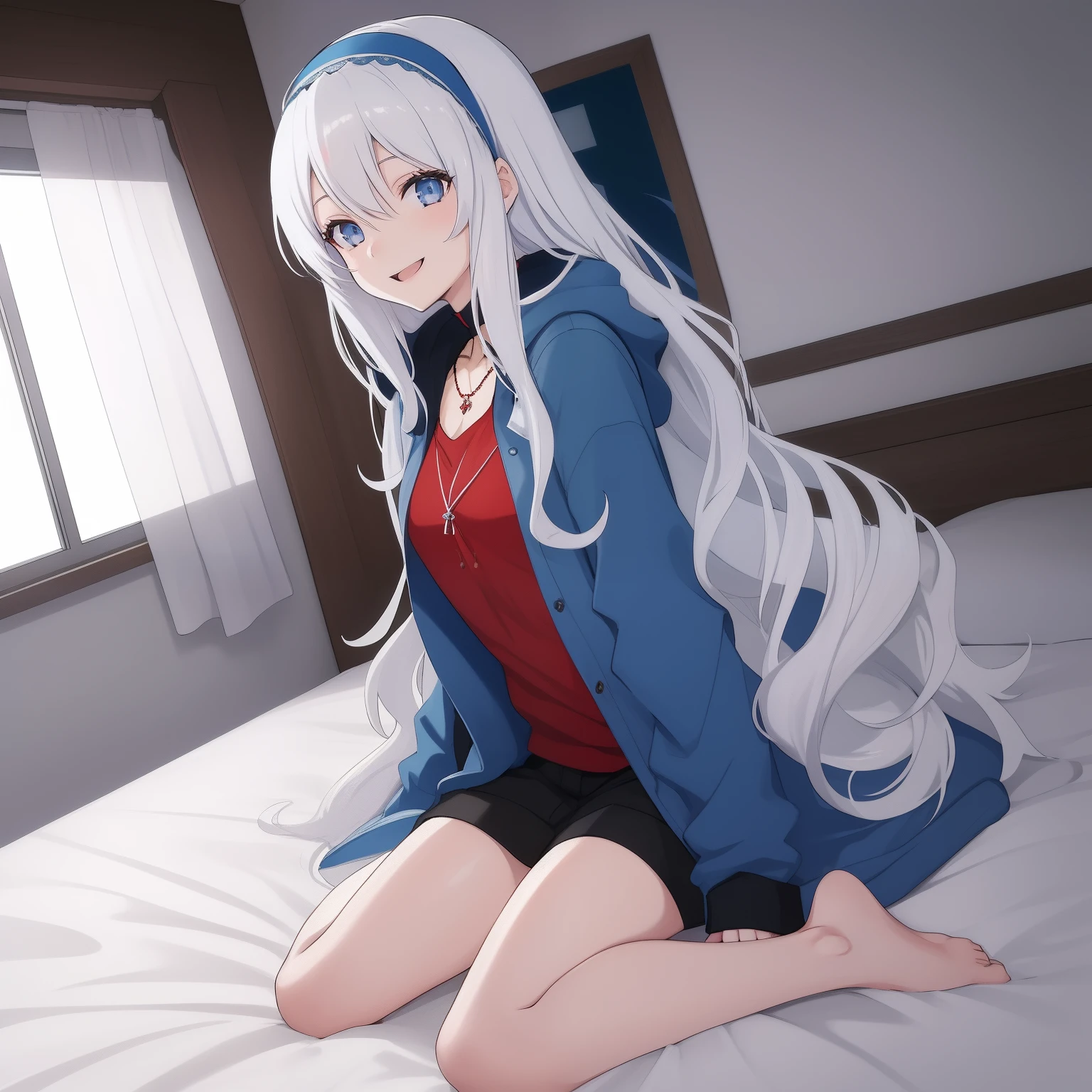 1 woman, fullbody, parka, parka dress, wide sleeves, loose parka, hood up, white hair, blue eye, long hair, happy, smile, 18 year old, dynamic angle, blue hairband, bed room, hentai, red necklace, barefoot