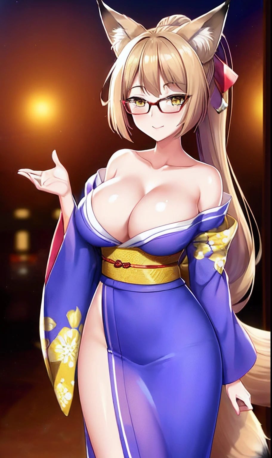 1 Girl, (Ultra Detailed), Masterpiece,Brown hair, Best Quality, Brown Hair, Glasses, Extremely Detailed, Sharp Focus, (Full Body: 1.3), (Facing Viewer: 1.3), (Slight Smile: 0.5), Waving, empty hands, (thin thighs: 0.5), pink lipstick, yasaka,
(yellow Japanese clothes: 1.3), animal ears, fox ears, (multiple tails, fox tails: 1.3), fox girl,
Manga, 30-year-old woman, beautiful body, beautiful nose, beautiful character design, perfect eyes, perfect face,
Extremely Detailed CG Unity 8k Wallpaper, Perfect Lighting, Colorful, Bright_Front_face_Lighting,
(masterpiece: 1.0), (best quality: 1.0), ultra high resolution, 4K, ultra detailed,
photography, 8K, HDR, high resolution, nonsense:1.2, Kodak portra 400, film grain, blurred background, bokeh:1.2, lens flare, (vibrant color:1.2),
(Beautiful, big breasts, neckline: 1.4), (beautiful face: 1.5), (narrow waist), jpd body, (slim girl: 1.4), (yellow yukata, long sleeves, hip opening: 1.2),
<lora:japaneseDollLikeness_v15: