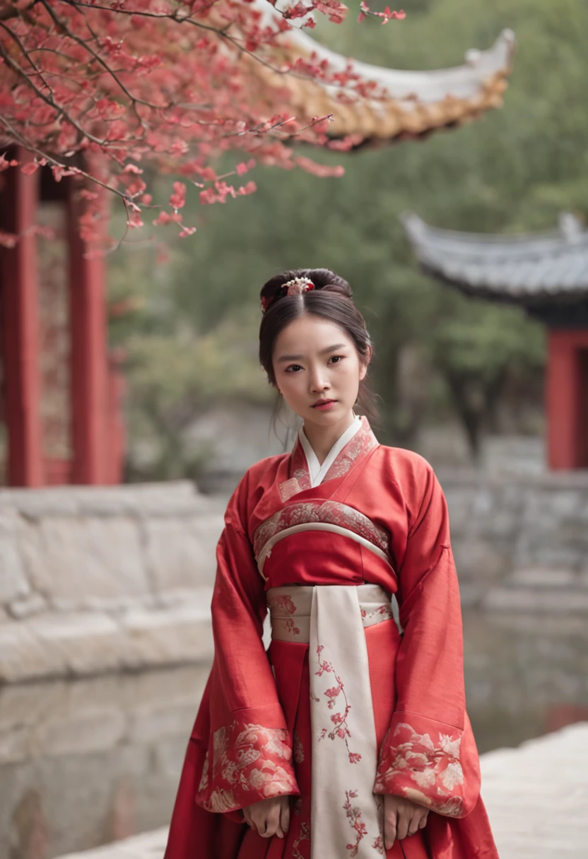 elaborate Hanfu，Bright pink ends，Stand confidently，Magnificent red walls and yellow tiles，Historic palace，Ancient traditional culture，Rich historical background