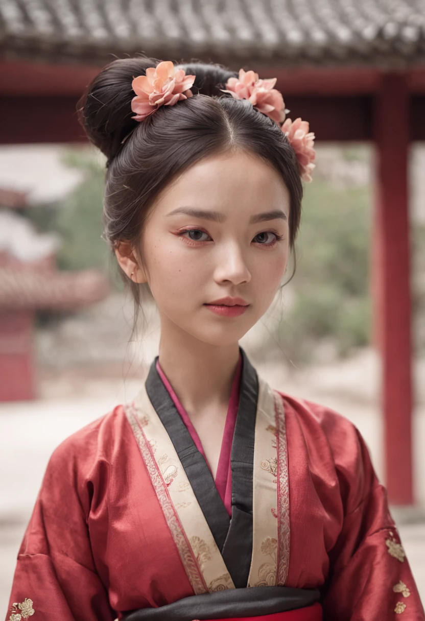 elaborate Hanfu,Bright pink ends,Stand confidently,Magnificent red walls and yellow tiles,Historic palace,Ancient traditional culture,Rich historical background