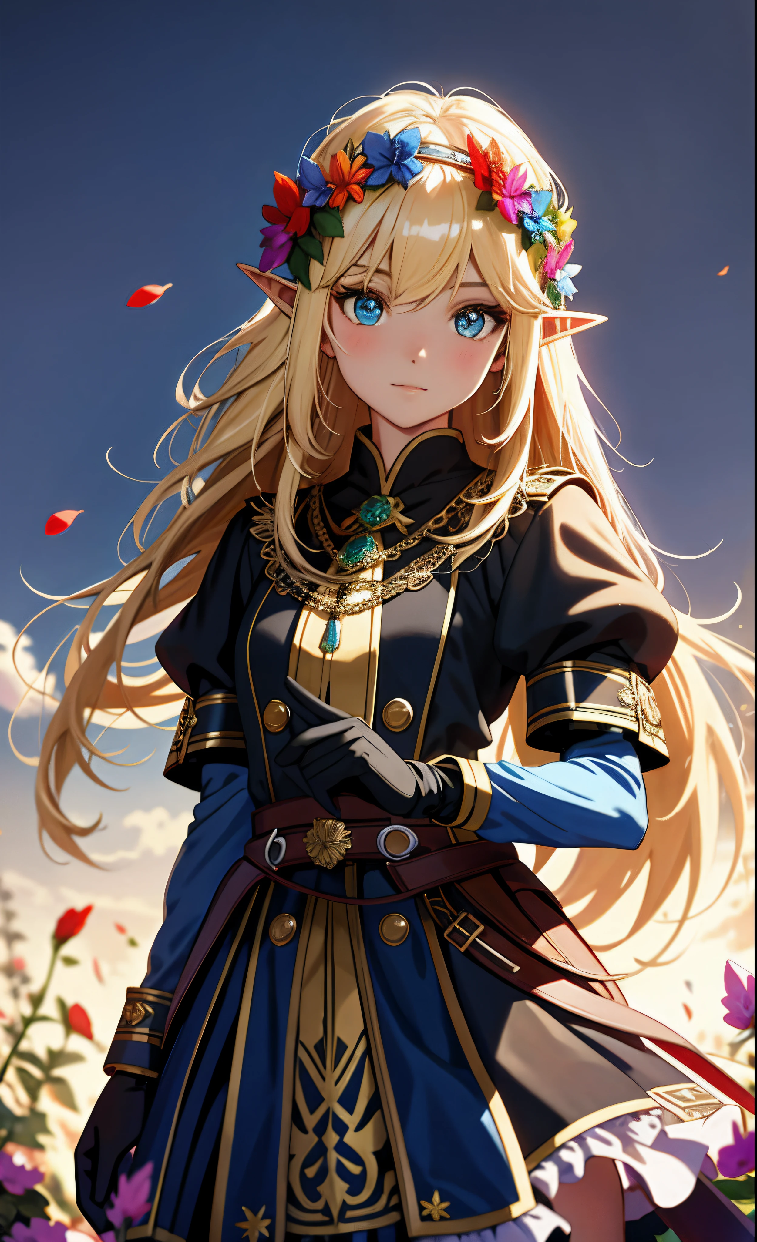 best qualityer,tmasterpiece,Ultimate resolution,downy,Extremely colorful,Colorful,western regions,elf girl, Dancer,blond hairbl,dress costumes,flowers in hair, veils,Normal posture, full body