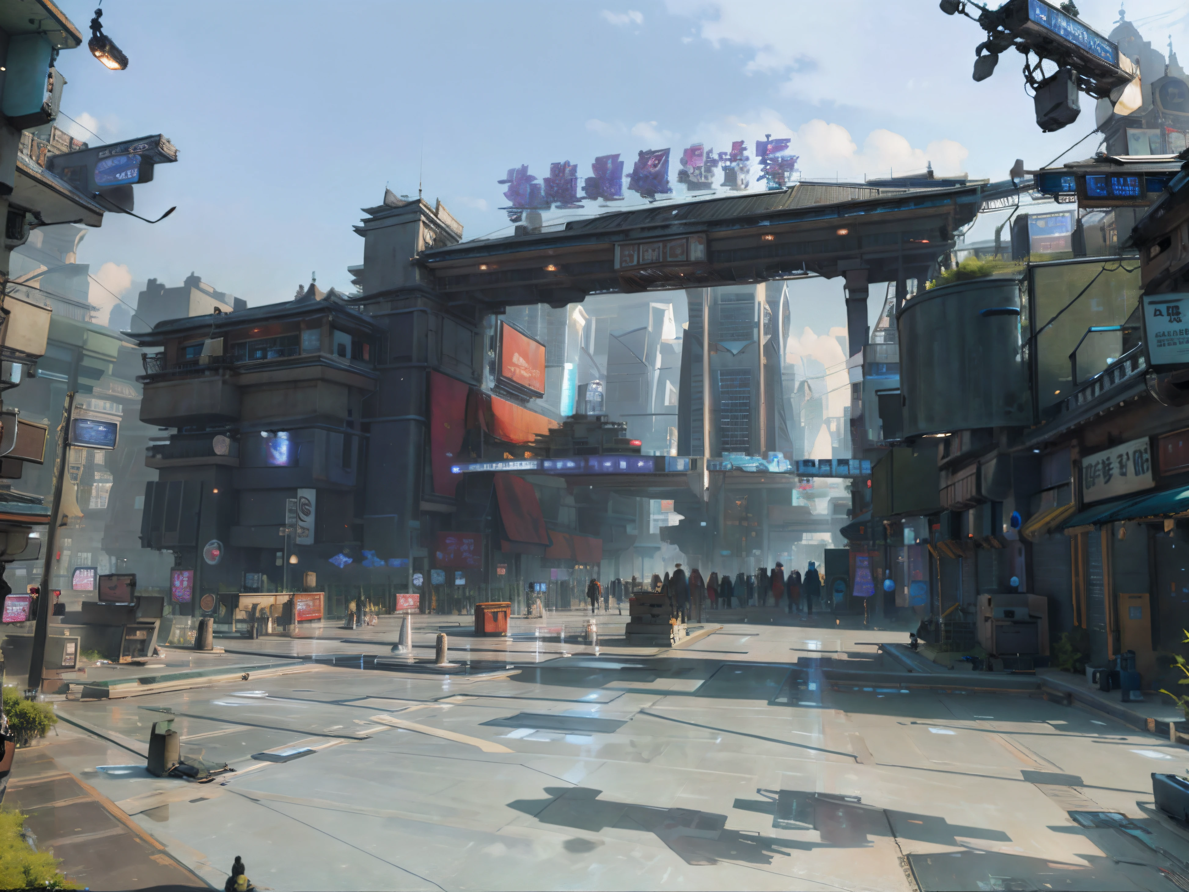 Behind the sky is a towering mansion，Nearby, there are densely packed flying machines and sci-fi hovercars。The background should be in a sci-fi mechanical style