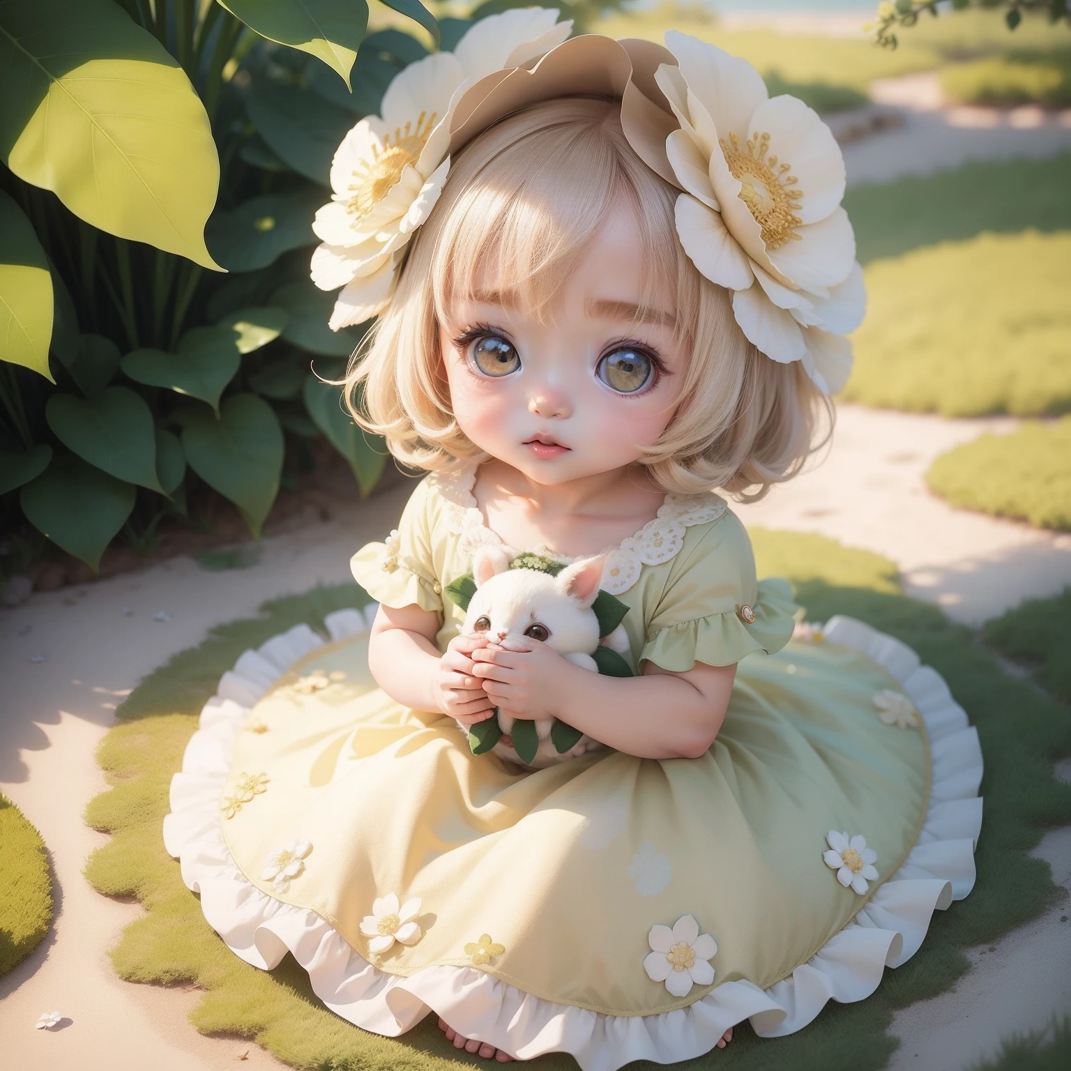 One ，Sit on a lotus leaf，Wear this bee doll set，Looking at something，cabelos preto e longos，round cheeks，largeeyes，Lotus，lotuses，Characters are smaller，Best Picture Quality，brightcolors