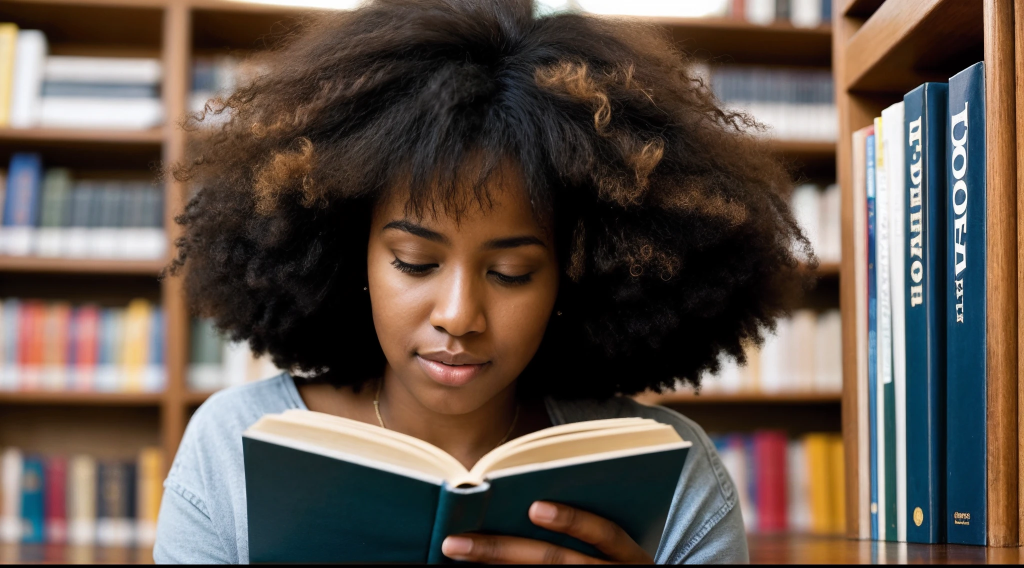 instagram photo, closeup face photo, A thought-provoking capture of an afro american woman reading in a quiet library corner, her connection to the written word an intimate experience, Sony A9 II with 35mm f/1.8 lens, soft ambient light, reflective photography.