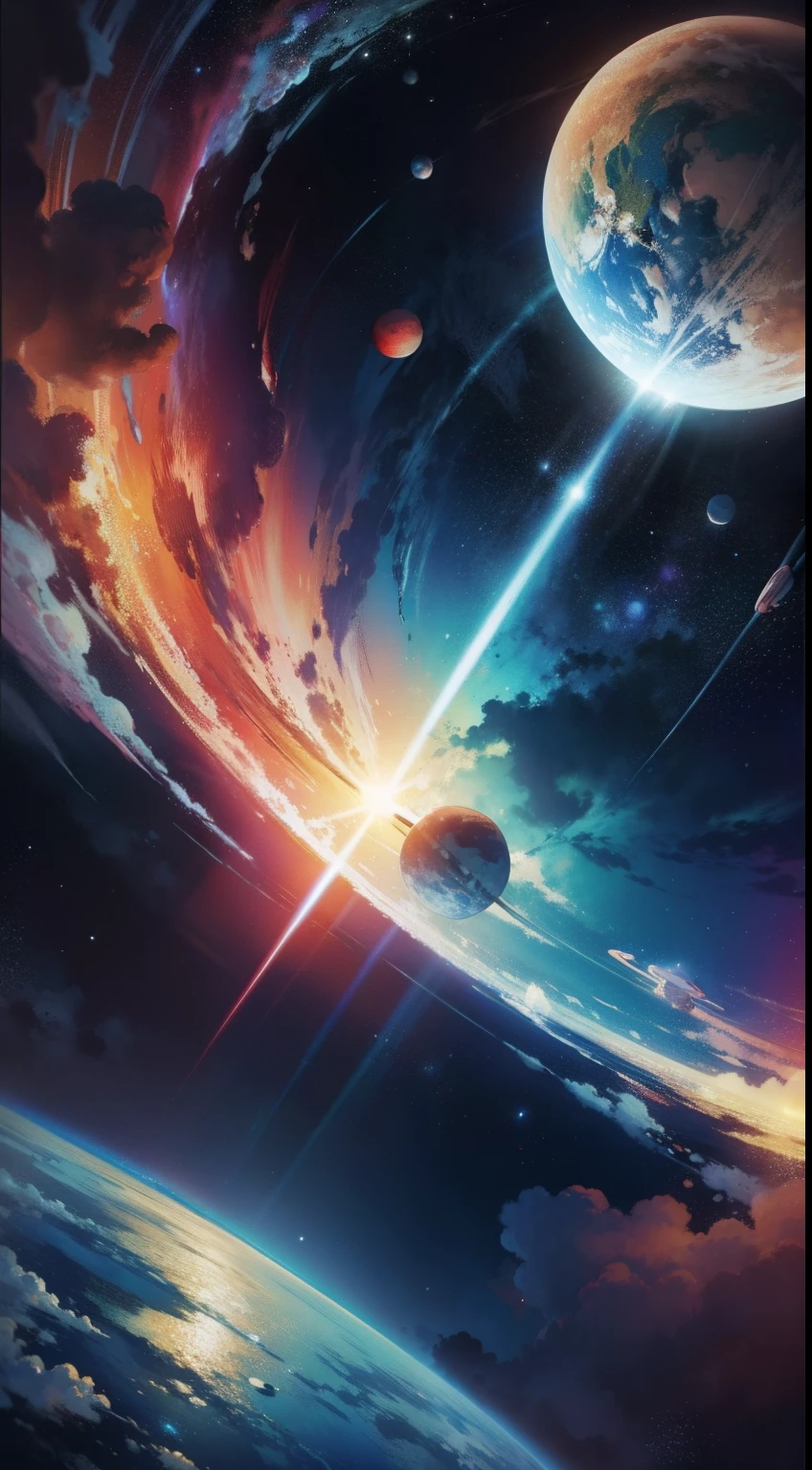 planets in orbit in the style of watercolor spatters