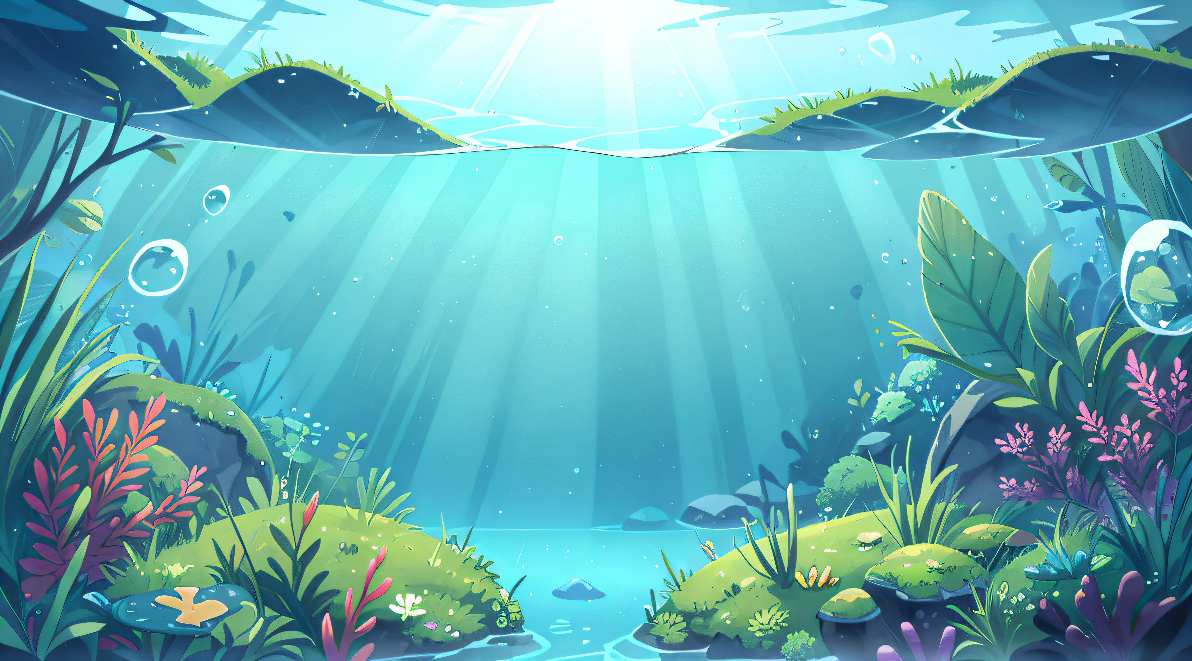 underwater landscape, As if viewed from below. The water is crystal clear, Let the sunlight pass through it and illuminate the landscape. The scene is dominated by shades of blue and green, Create a serene and peaceful effect. The scene is complete,Small bubbles floating on the surface of the water.