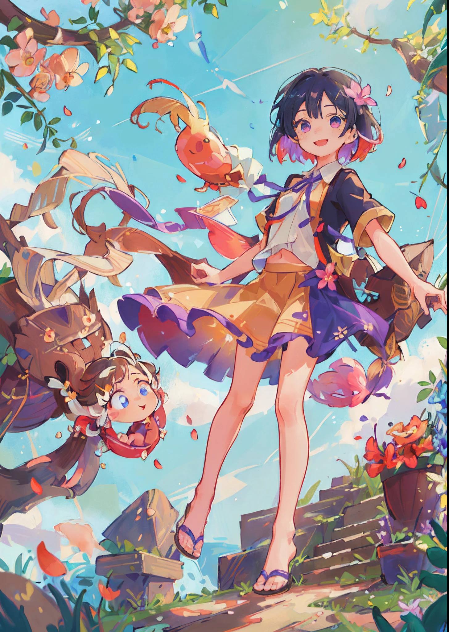 (best quality),(masterpiece:1.2), (highres), (extremely detailed), (highly detailed face), (highly detailed eyes), whole body, 1girl, (solo) , radiance, small breasts, (colorful hair:1.2) ,(colorful eyes), double tail, (falling petals:1.2), short hair, shirt, skirt, leg, foot, sky, wood, plants, ((stair)), sandal, cloud, summer sky, ((smile face)) blush