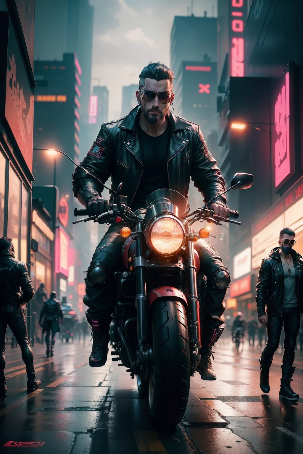 there are three men riding motorcycles in a city street, cyberpunk art style, detailed cyberpunk illustration, cyberpunk themed art, cyberpunk concept art, cyberpunk illustration, cyberpunk dark fantasy art, hyper-realistic cyberpunk style, cyberpunk digital painting, cyberpunk art ultrarealistic 8k, high quality cyberpunk art, cyberpunk art 2077, cyberpunk digital art, cyberpunk style , hyperrealistic