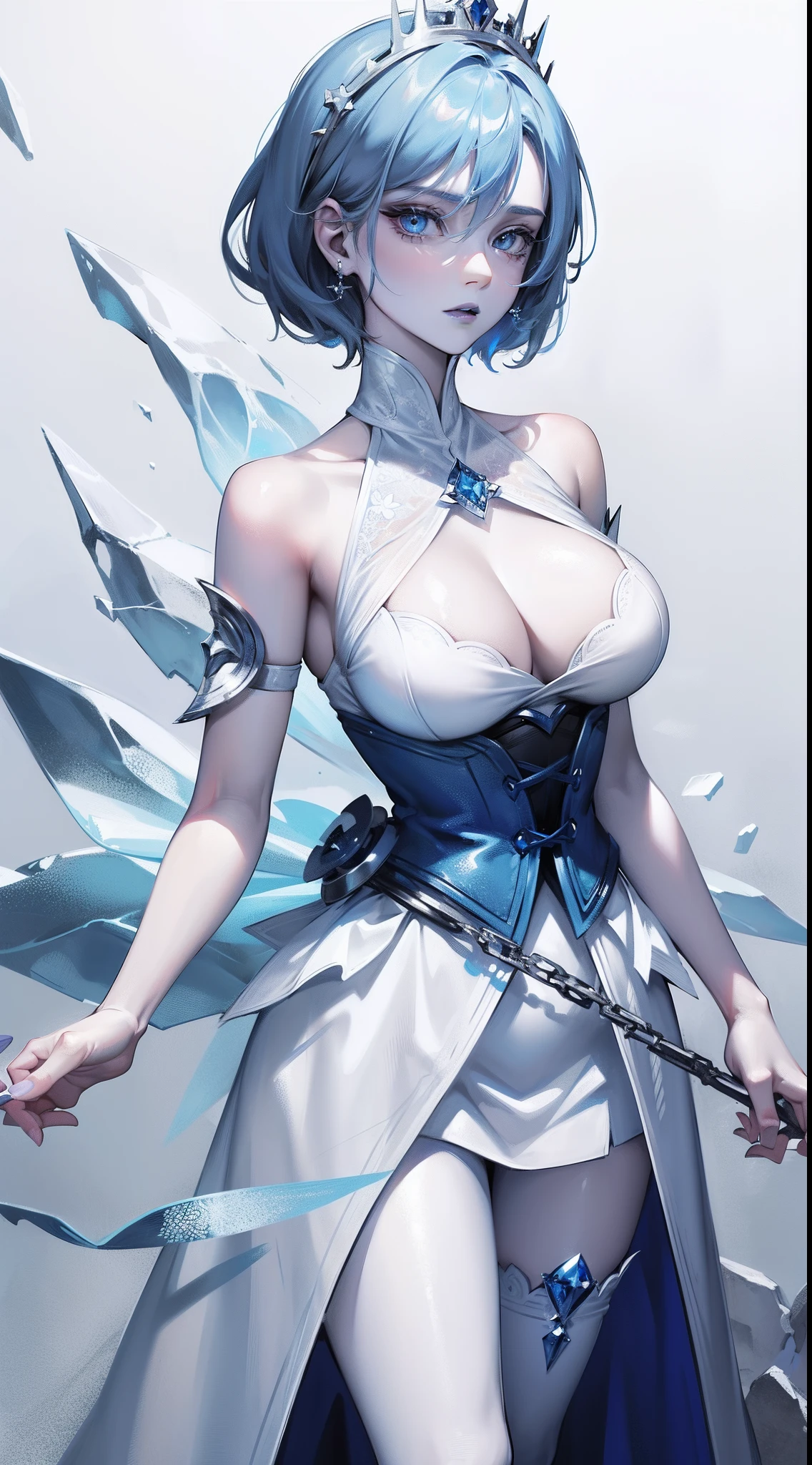 Adult woman, Short blue hair, blue eyes, big breastes, pale skin, Ice Crown, ice dress, Cold, emotionless look, blue lipstick, Masterpiece, hiquality