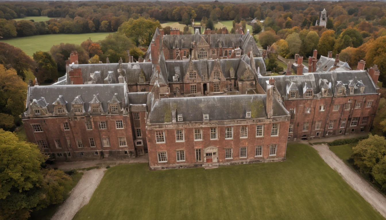 Wide aerial shot, overlooking an ominous and ancient-looking boarding school.