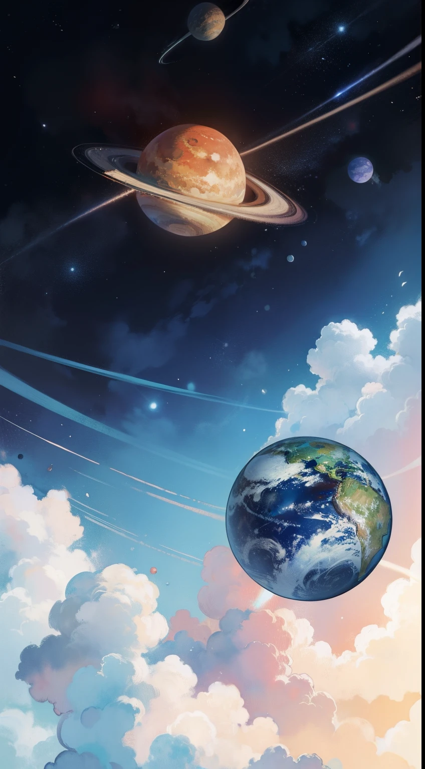 planets in orbit in the style of watercolor spatters