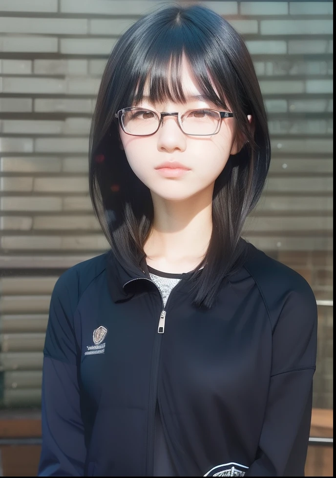 1girl, kiyoko Shimizu,ar, long hair, black hair, black jacket, glasses, realistic, ultra detail, 70mm lens,