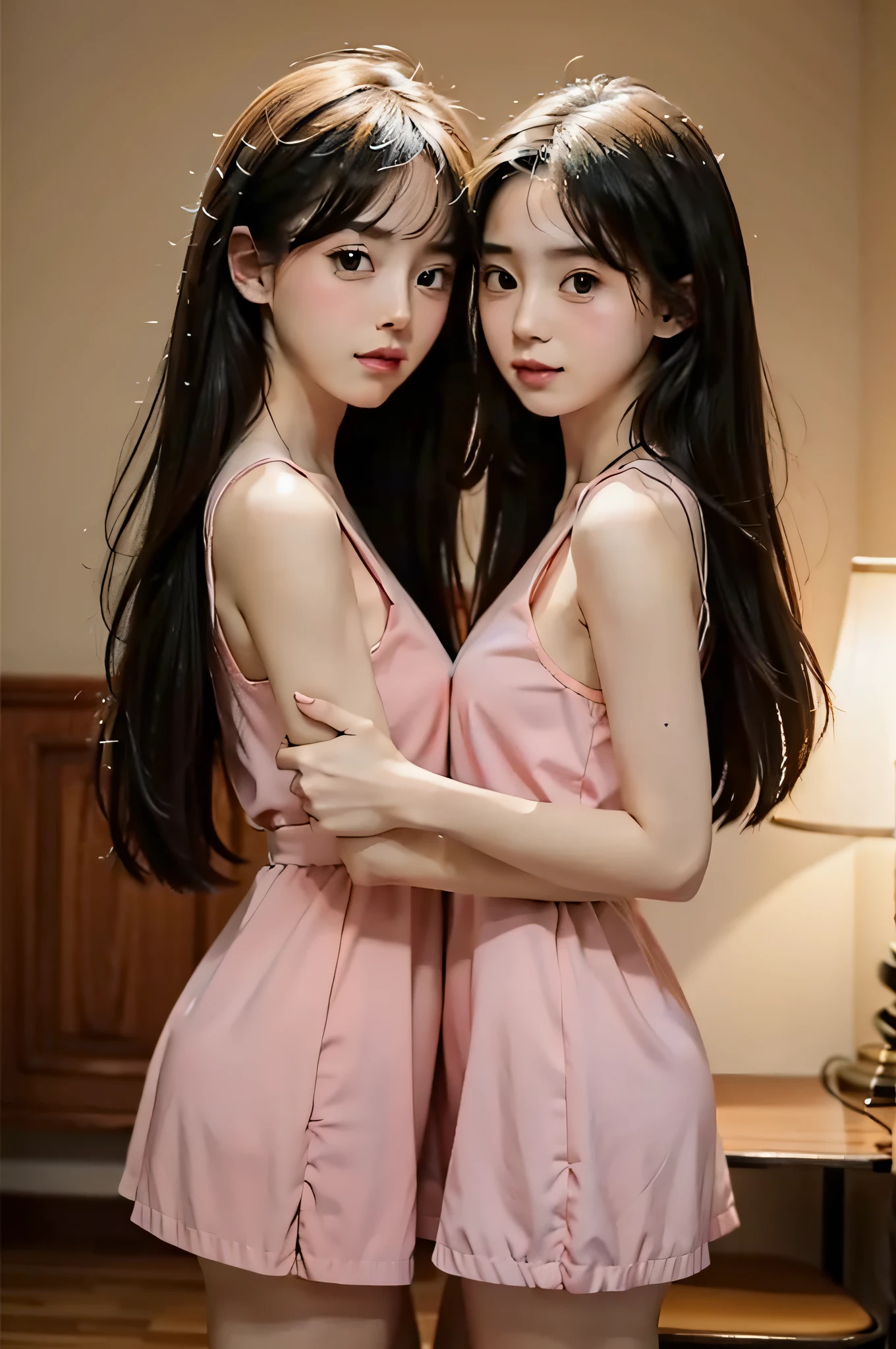 twogirls,Same stature,Hold each other,The two bodies are close together