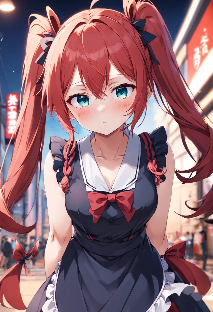 1girl, maid outfit, sleeveless, tsundere, red pigtail hair, >:( face