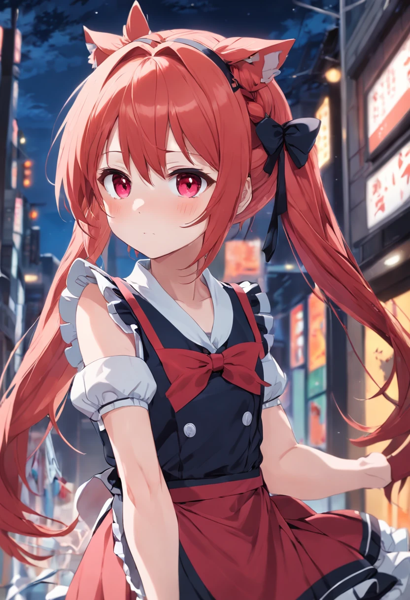 1girl, maid outfit, sleeveless, tsundere, red pigtail hair, >:( face
