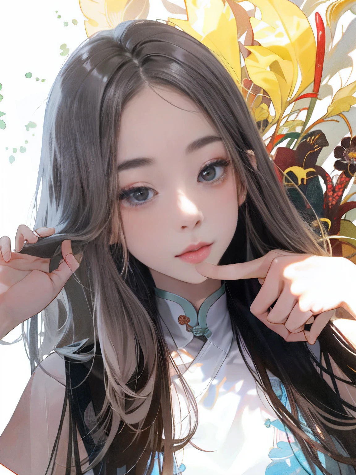 There was a woman touching her chin with her hand，ChineseGirl，Beautiful girl，20yr old，White slip dress，long whitr hair，cute beautiful，Korean girl，no headwear，