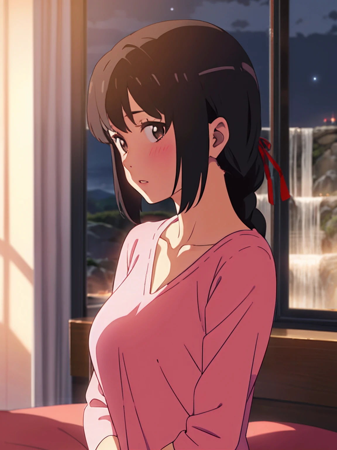 shinkai makoto, kimi no na wa., 1girl, bangs, black hair, brown eyes, waterfall braid, red ribbon, long hair, solo, blush, looking at the viewer, bedroom, night, breast, medium breast, parted lips , pink ,masterpiece