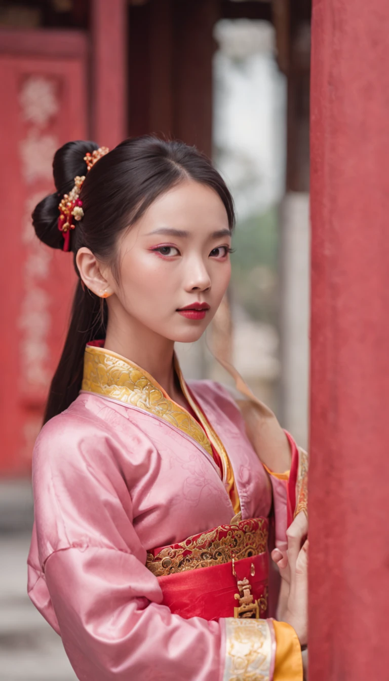 A beautiful Chinese woman，elaborate Hanfu，Bright pink ends，Stand confidently，Magnificent red walls and yellow tiles，Historic palace，Ancient traditional culture，Rich historical background