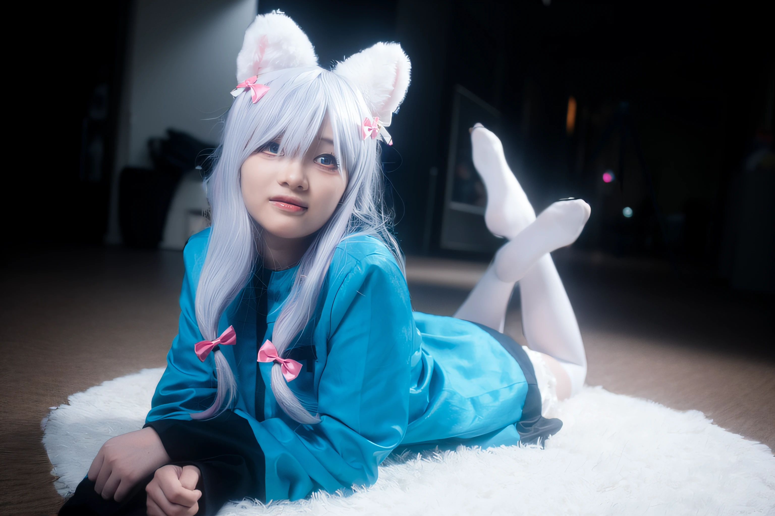 There was a woman with white hair and a blue dress lying on the carpet, Anime girl cosplay, cosplay foto, Anime cosplay, Hatsune Miku cosplay, nekomimi, anime girl with cat ears, rpgmaker, cosplay, kemonomimi, Holo is a wolf girl, cosplay of a catboy! maid! dress, Anime girl in real life, neko