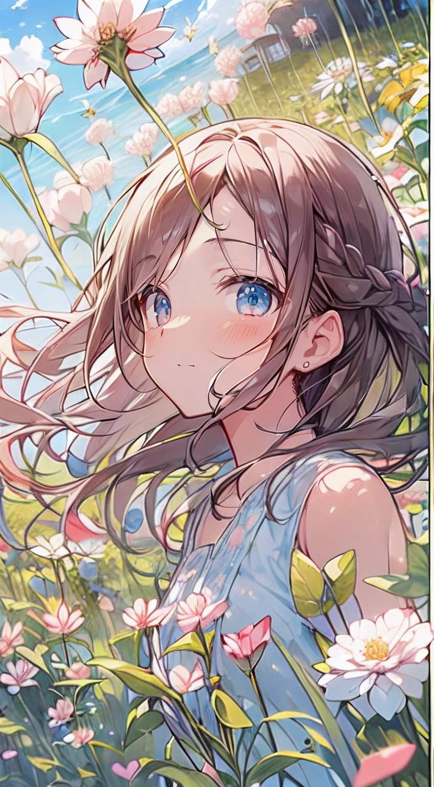masutepiece, Best Quality,Illustration, Wallpaper, Ultra Detail, Absurd beauty、1 beautiful girl、 (Semi-long hair、short braided hair), Beautiful ultra-detailed eyes , Hair fluttering in the wind、Keep your head small、flower field、great outdoors、Landscape of the flower garden