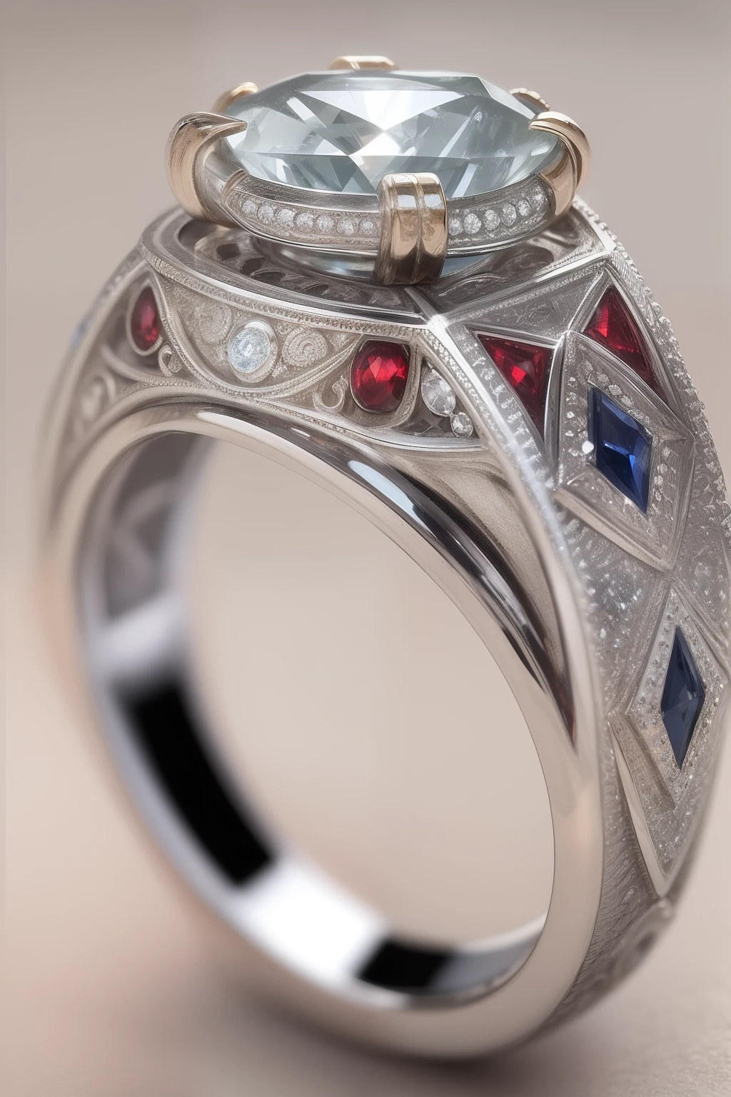 Made of pure platinum,The ring has a classic round design,Shining with a mesmerizing light。There are many fine gemstones on the ring,Includes a sapphire and a ruby,Sapphires are oval in shape,Rubies are round in shape,They all shine brightly。There are also delicate patterns carved between the gemstones,Make the whole ring look more elegant and sophisticated。
The sides of the ring are also made of pure platinum,The craftsmanship is exquisite,Beautiful lines。There is also a beautiful diamond necklace on the ring,The necklace is set with many diamonds,The light of a diamond shines through the ring,It's even more amazing。The design of the entire ring is simple and elegant,High quality and exquisite craftsmanship。