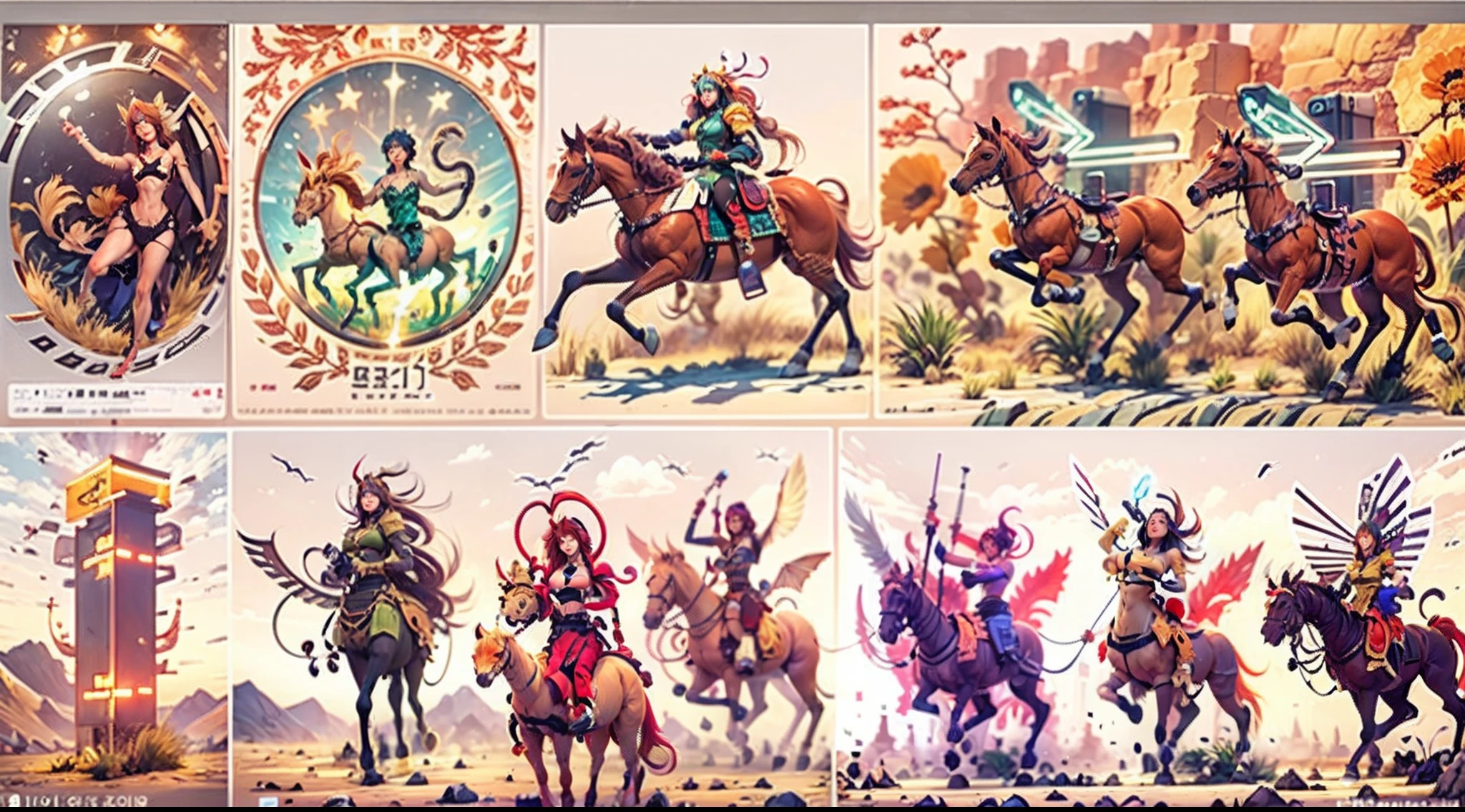 In the beautiful illustration of this super-grand scene，The ultra-long-range lens is shown（Eight unique centaur characters：9.9），They all have their own characteristics，Vivid and interesting。Radiant angelic centaurs from the heavenly realm，To the hellish centaurs surrounded by nightmarish flames，And then to the Wind Immortal Centaur dancing in the air，There are also one-horned centaurs surrounded by thunder and lightning，and mechanical centaurs that shine with metallic light，And then to the powerful dragon centaur with colored dragon scales covering the whole body，The elegant and agile elf centaur always wears a flower crown with its slender and graceful lines，Enchanting and charming Tiflin centaurs。Each character has their own unique charms and abilities。The illustration uses advanced artistic techniques and tools，（Divide the scene into sections by geometric arrangement：9.9），Each section corresponds to a centaur character，This makes more efficient use of space。Through Midjourney's advanced brush tools、Color palette、Material packs and model packs，Exquisite costumes and equipment are designed for each centaur，Enhances the character's personality and visual appeal。The scenery in the illustrations is stunning，There are changing skies、rainbowing、extreme light、Stars and Moon。Incorporating iconic landmarks such as Mount Everest，and fireworks、tranquil lake、Natural and urban elements of waves and neon lights，Creates a magical atmosphere。The centaurs showed off their skills and equipment in a variety of environments，This is true even in extreme alien landscapes。（Use Midjourney's tools、Material packs、Texture tools、The color palette makes depicting details vivid and realistic：9.9），From intricate hairstyles and clothing to authentic textures，Enhances the realism of the characters and surroundings。The fusion of multiple art styles adds movement to the centaur's movement at all angles，The overall visual experience is further enriched。The final illustration was described as a "mast