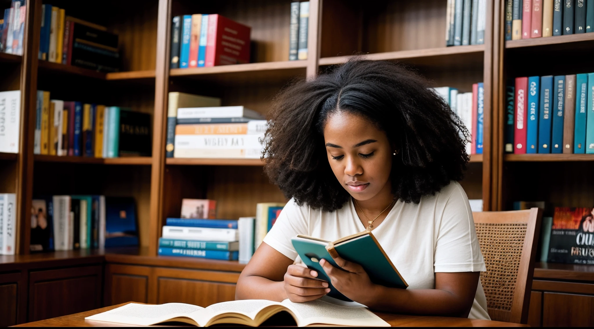 instagram photo, A thought-provoking capture of an afro american woman reading in a quiet library corner, her connection to the written word an intimate experience, Sony A9 II with 35mm f/1.8 lens, soft ambient light, reflective photography.