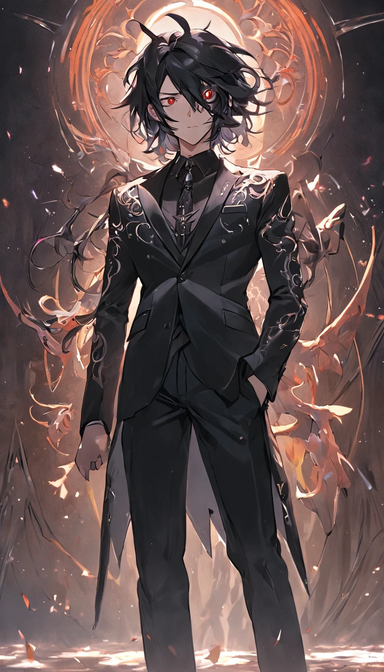 A man with long black hair in a black rococo-style suit with silver details and a devil mask,Estilo Darkwave,retrato de medio cuerpo,centrado,HDR,8k,hiperrealista,hermoso estudio de luz suave,detalles vibrantes,Anatomical,elegante,foco nítido,Foto de estudio,tendencias en Artstation,hiper detallado,filtro polarizador