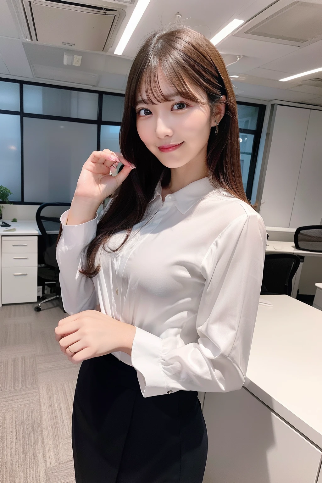 theme: Portrait of businessman in office
1. occupation: Office Business Woman、
2. outfits: Office casual style in light shades、
3. Poses and facial expressions: Positive attitude with a confident smile、
4. Business-related: Holding the computer in your hand、Documents and stationery will be placed on the desk、Programming、Talking to sync
5. Lighting and color scheme: Bright lighting illuminates a clean office、Bright tones dominate、
6. Storytelling: As a new graduate、With hope and confidence for the future、Trying to enter the business world、
7. Background and background: Modern and clean venture office behind、Office desks and monitors are located、