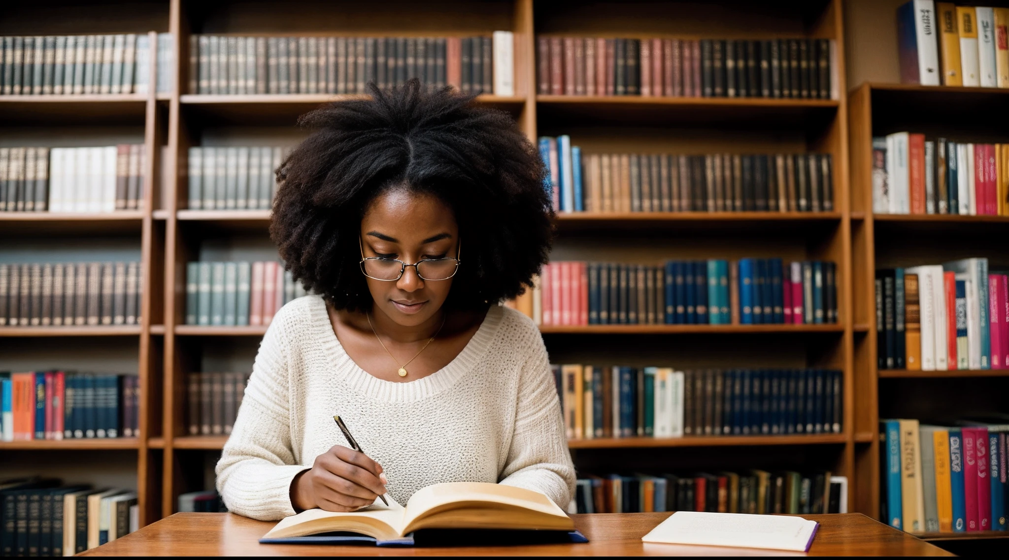 instagram photo, A thought-provoking capture of an afro american woman reading in a quiet library corner, her connection to the written word an intimate experience, Sony A9 II with 35mm f/1.8 lens, soft ambient light, reflective photography.