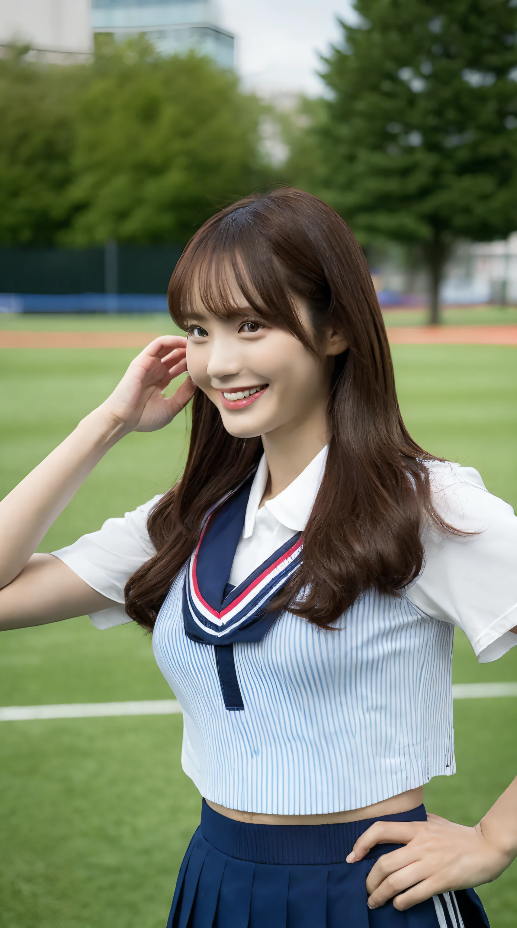 high-level image quality, masutepiece, Best Quality, Ultra-detailed, finely detail, hight resolution, 8K Wallpapers, Perfect dynamic composition, Beautiful detailed eyes, Medium Hair, ((Colossal tits)), Natural Color Lip,  Smile, sport uniform, athletic field, Athletics track, shortpants, ((Tight abs:1.1)), blurry backround, big breasts thin waist, hi-school girl, toru & Field Clubs