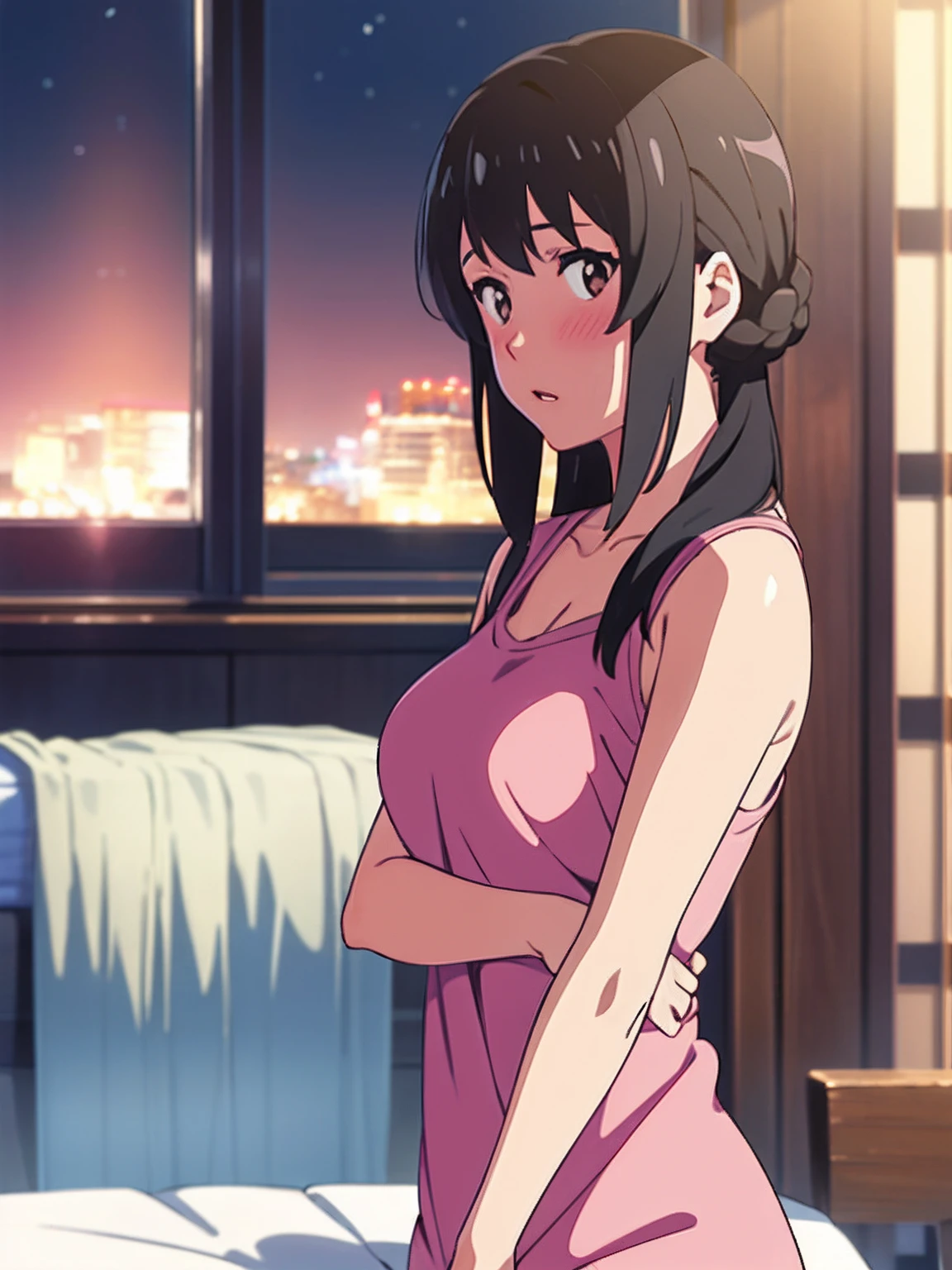 shinkai makoto, kimi no na wa., 1girl, mature woman, bangs, black hair, brown eyes, twisted half up, red ribbon, long hair, solo, blush, looking at the viewer, arms up, sexy pose, cute, bedroom, night, lamp, light off, light pink bra, breast, medium breast, light pink panties, masterpiece