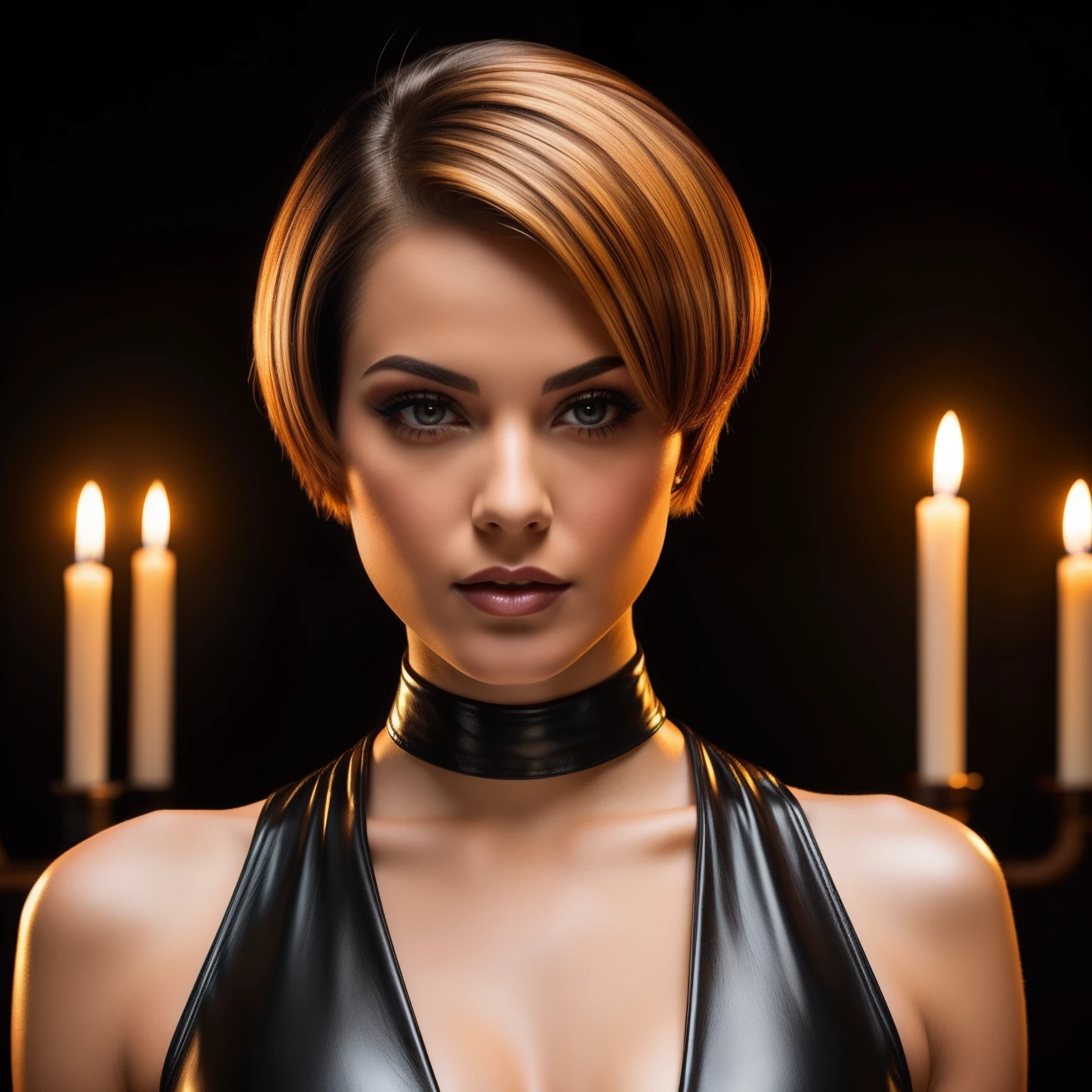 Stunning woman with short hair, 1920s hairstyle, honey highlights hair in sexy low cut leather outfit. Soft candle lighting. Close up face shot