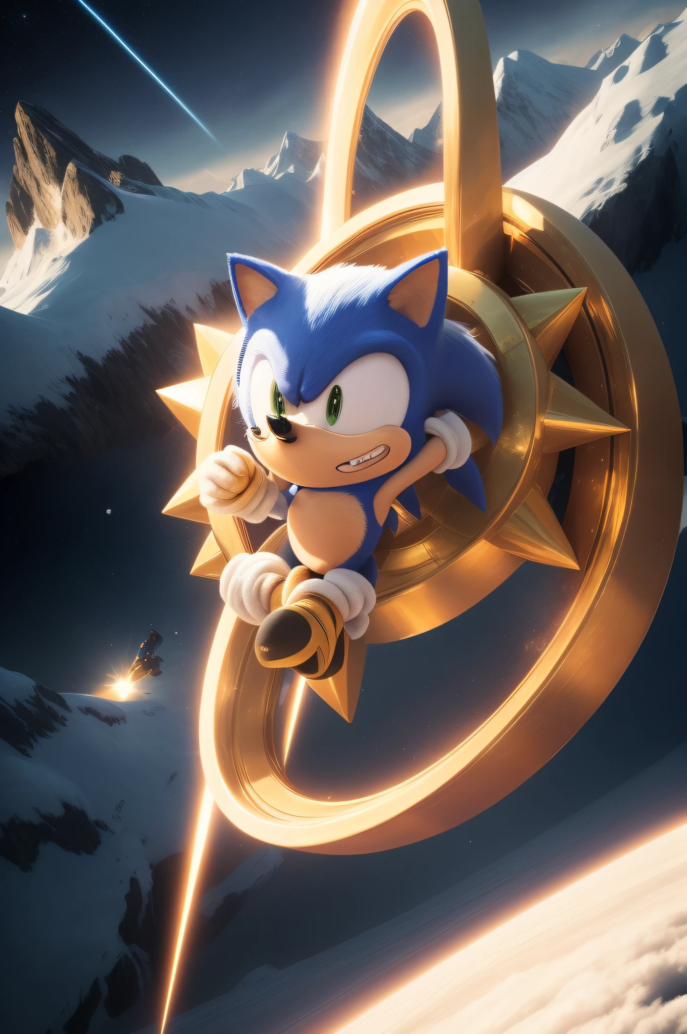 Sonic the hedgehog flies through the air in a smooth, golden ring, de Sonic, Sonic the Hedgehog and his friend Tails, against a backdrop of snow-capped mountains,Starry night sky, In the new action movie Sonic, Illustration of Sonic the Hedgehog, Portrait of Sonic the Hedgehog, Art officiel de Splash, Iconic Splash Art Character, 3 D making art official, Sonic Hedgehog, Jeu Sonic, Affiche du film Super Saiyan Sonic, 4k octane rendering
