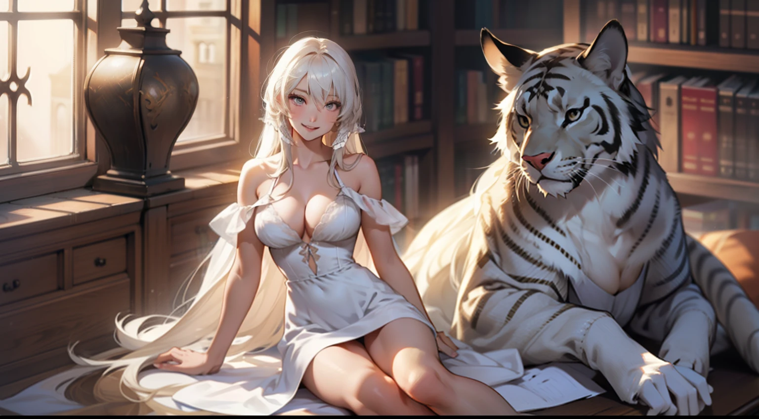 one-girl,long whitr hair,Pronounced cleavage,White gauze dress,Delicate face,Perfect body proportion,big breasts thin waist,slender leg,Milky skin,With a smile,inside a library
