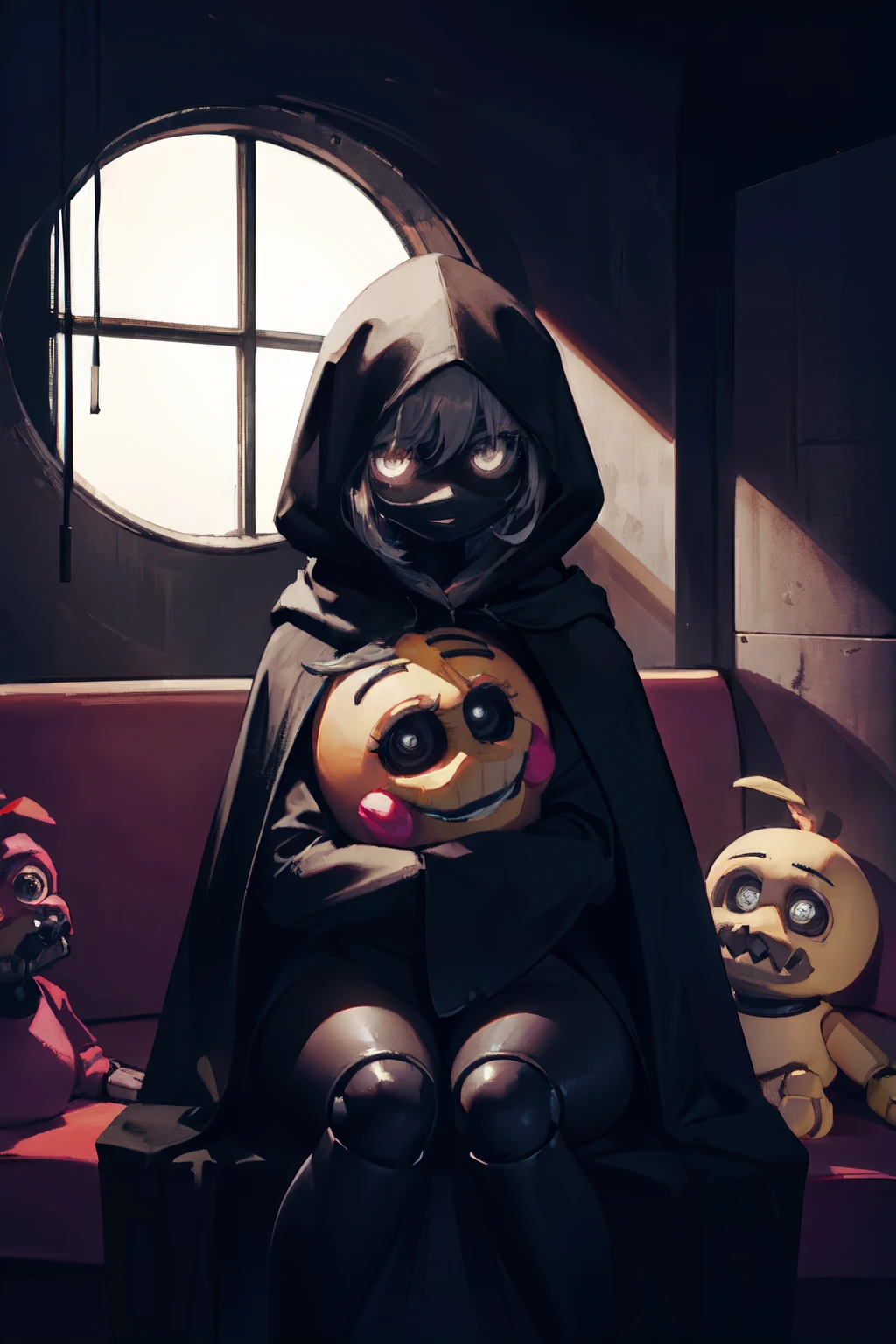 Chica from Five Nights at Freddy's wearing a long black cloak, hood covering her head, sitting in a dark room in a mysterious and eerie atmosphere.